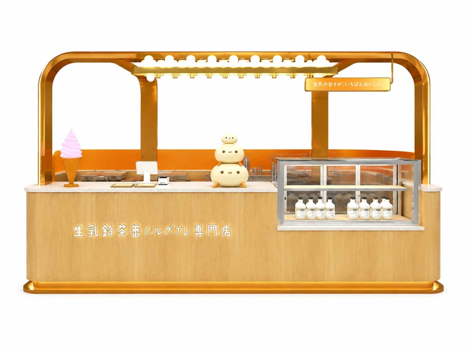 Custom Mall Kiosk Japanese Souffle Ice Cream Dessert Food Booth Wooden Milk Cream Cake Display Stand Shopping Mall Food Kiosk — additional service-side perspective