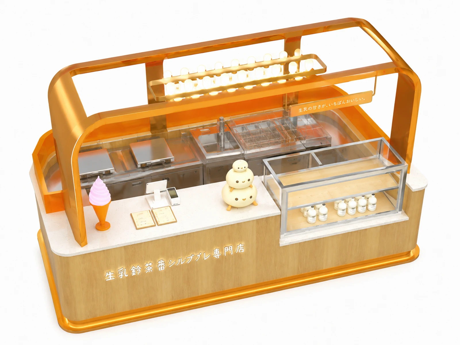 Custom Mall Kiosk Japanese Souffle Ice Cream Dessert Food Booth Wooden Milk Cream Cake Display Stand Shopping Mall Food Kiosk — elevated layout view