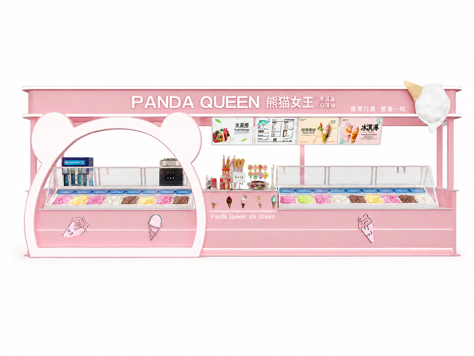 Customizable Pink Ice Cream Kiosk | Eye-Catching Retail Booth for Gelato Frozen Yogurt & Dessert Sales — additional service-side perspective