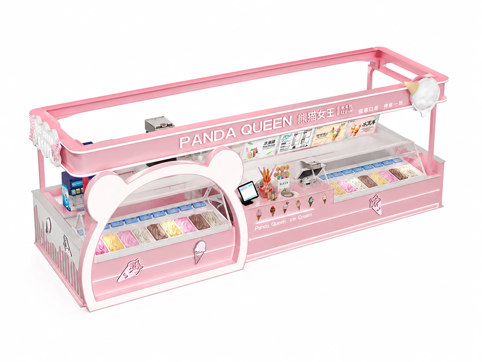 Customizable Pink Ice Cream Kiosk | Eye-Catching Retail Booth for Gelato Frozen Yogurt & Dessert Sales — elevated layout view