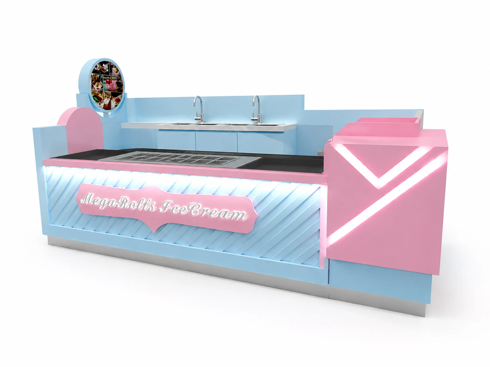 Customized 10x10 feet Dreamy Rolled Ice Cream Kiosk for Sale — additional service-side perspective