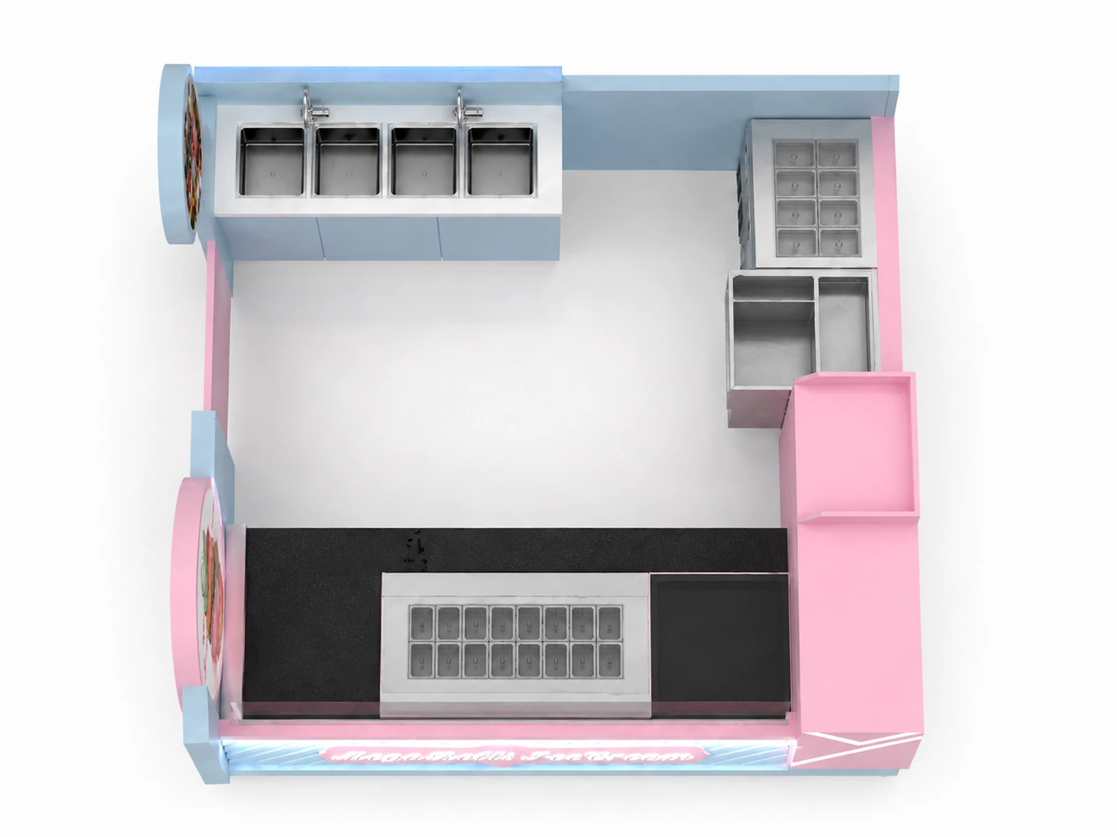 Customized 10x10 feet Dreamy Rolled Ice Cream Kiosk for Sale — elevated layout view