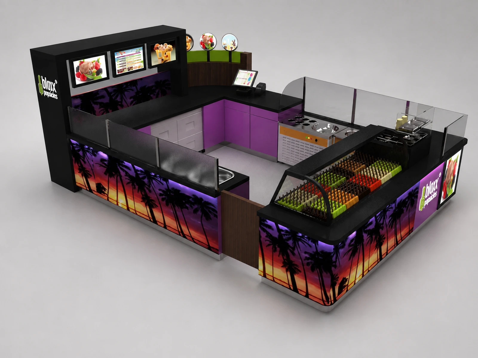 Customized Ice Cream Display Stand & Yogurt Display Counter for Snack Kiosk in Retail Store — overall kiosk design