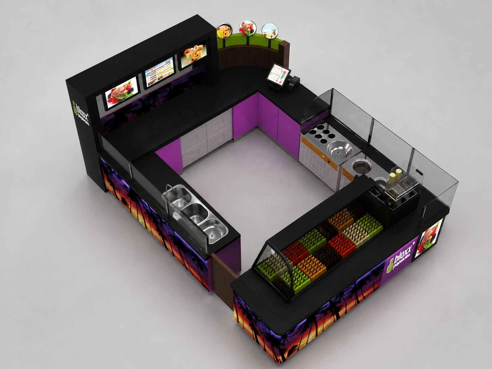 Customized Ice Cream Display Stand & Yogurt Display Counter for Snack Kiosk in Retail Store — elevated layout view