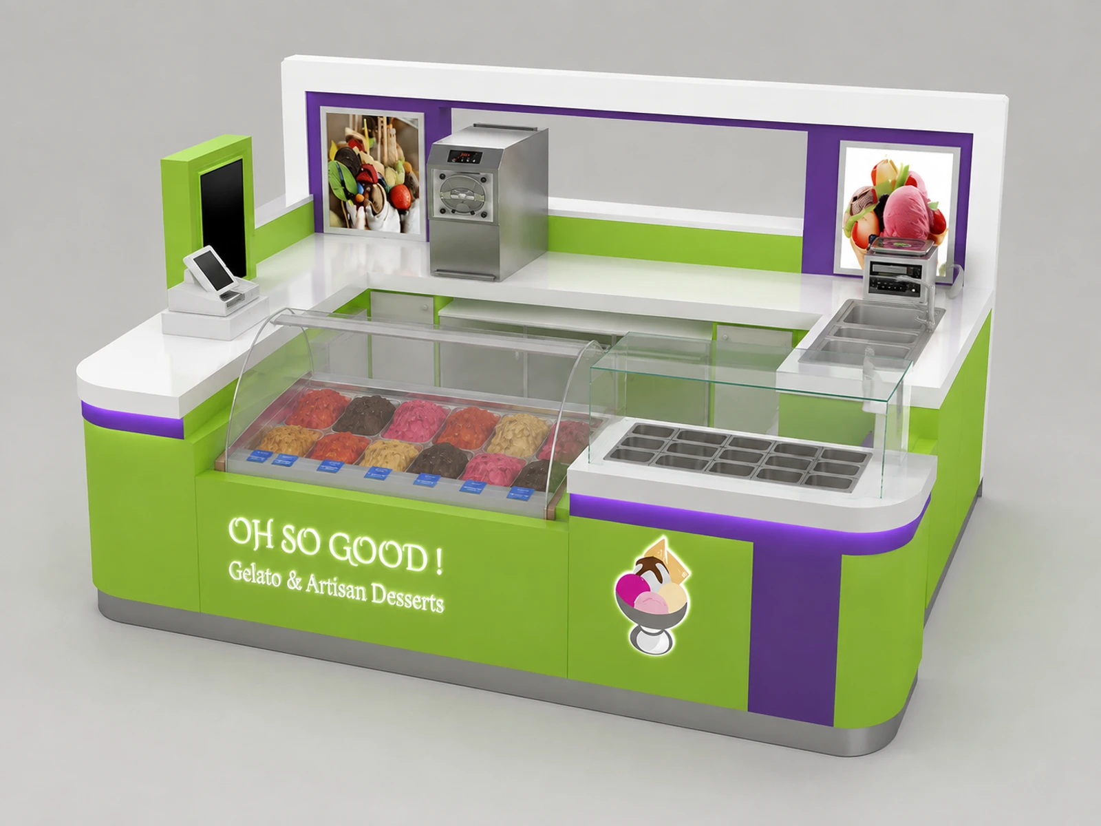 Customized Ice Cream Kiosk & Food Display Counter and Gelato Booth for Sale — alternate counter perspective