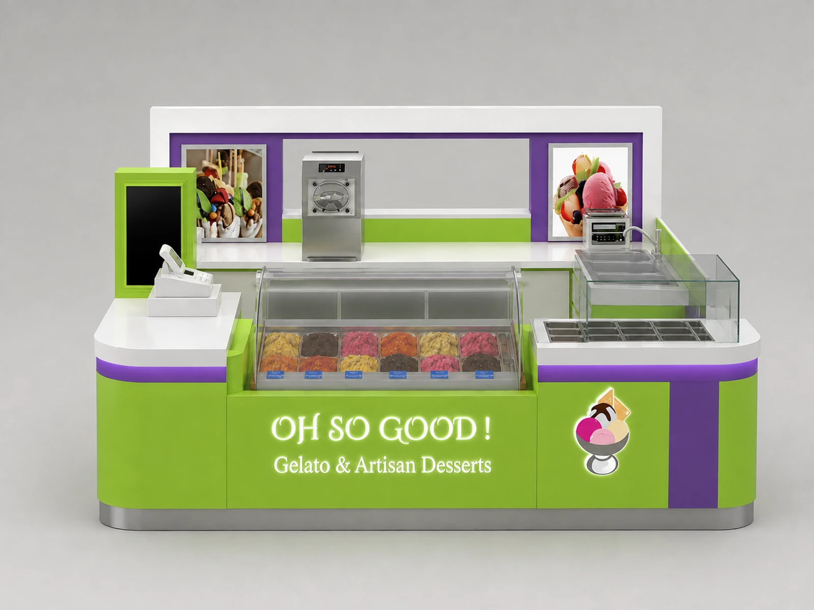 Customized Ice Cream Kiosk & Food Display Counter and Gelato Booth for Sale — additional service-side perspective