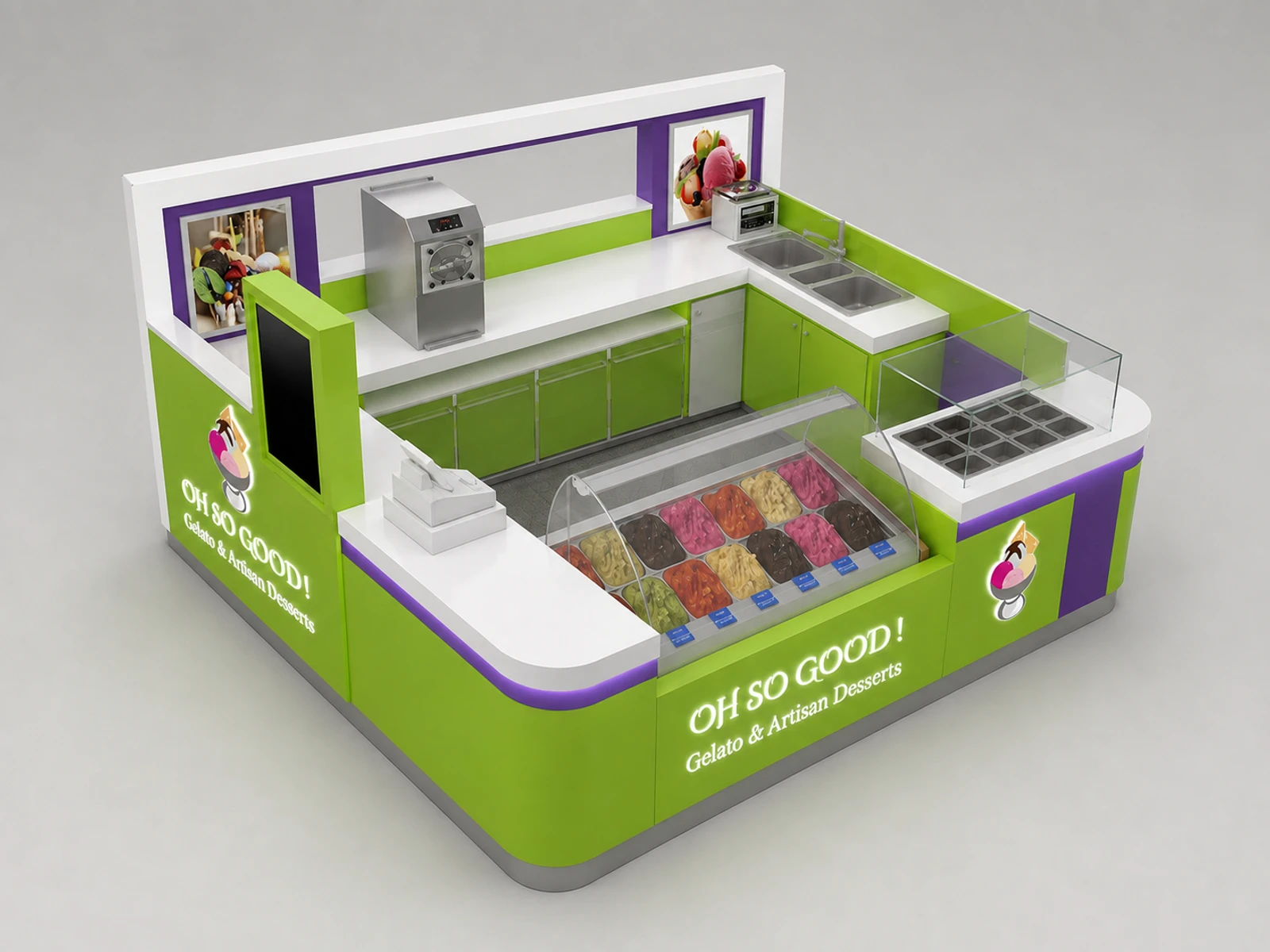 Customized Ice Cream Kiosk & Food Display Counter and Gelato Booth for Sale — elevated layout view