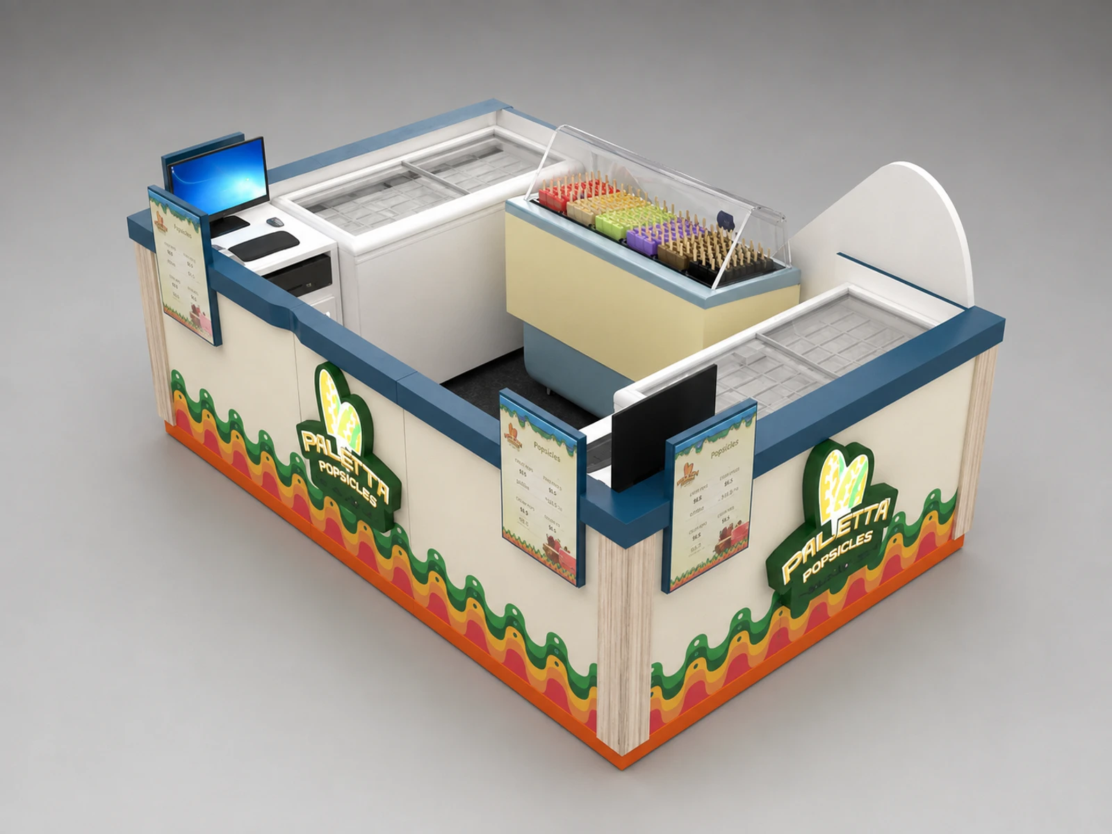 Customized Ice Cream Kiosk & Gelato Display Counter for Popsicle Booth for Sale — overall kiosk design