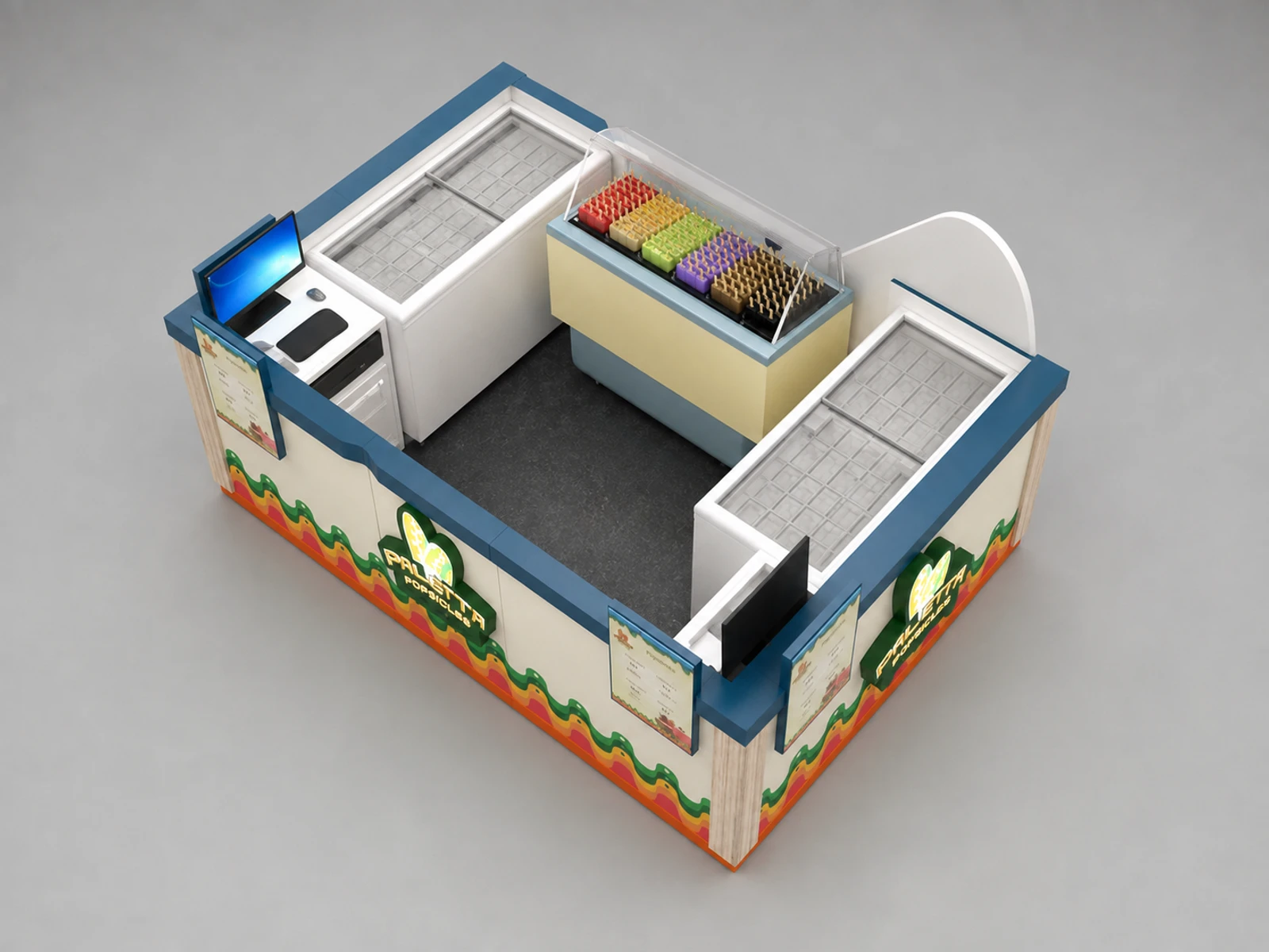 Customized Ice Cream Kiosk & Gelato Display Counter for Popsicle Booth for Sale — elevated layout view