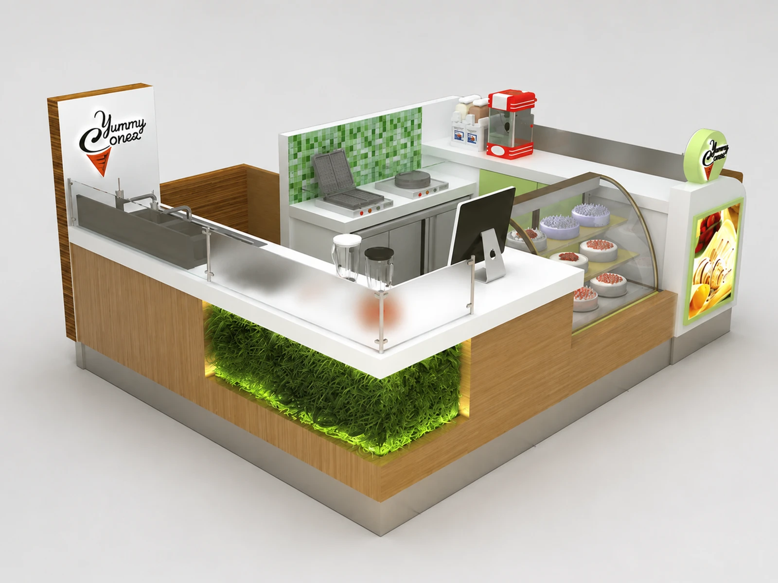Customized Ice Cream Kiosk & Gelato Display Counter for Yogurt Booth in Retail Store — overall kiosk design