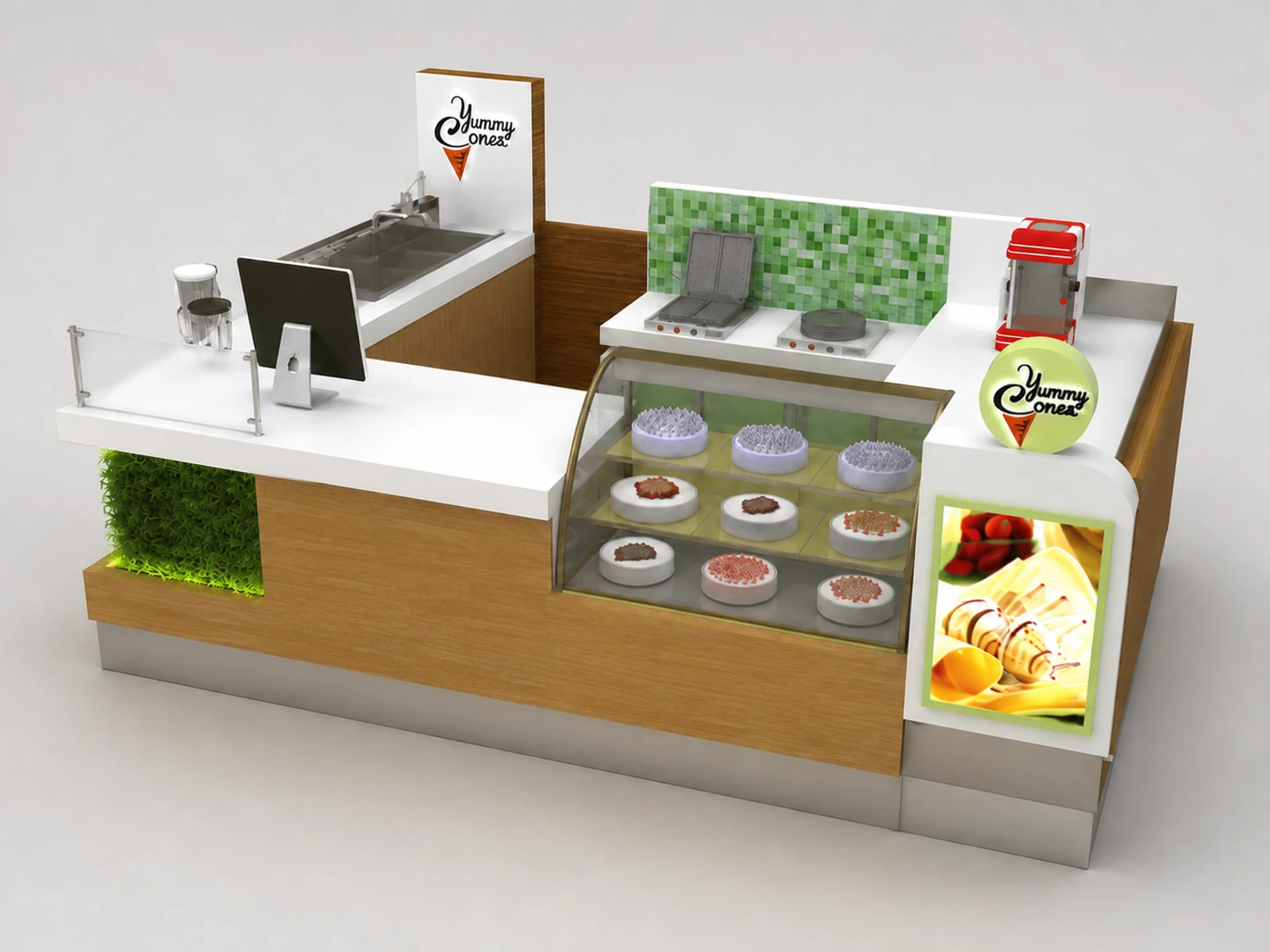 Customized Ice Cream Kiosk & Gelato Display Counter for Yogurt Booth in Retail Store — alternate counter perspective
