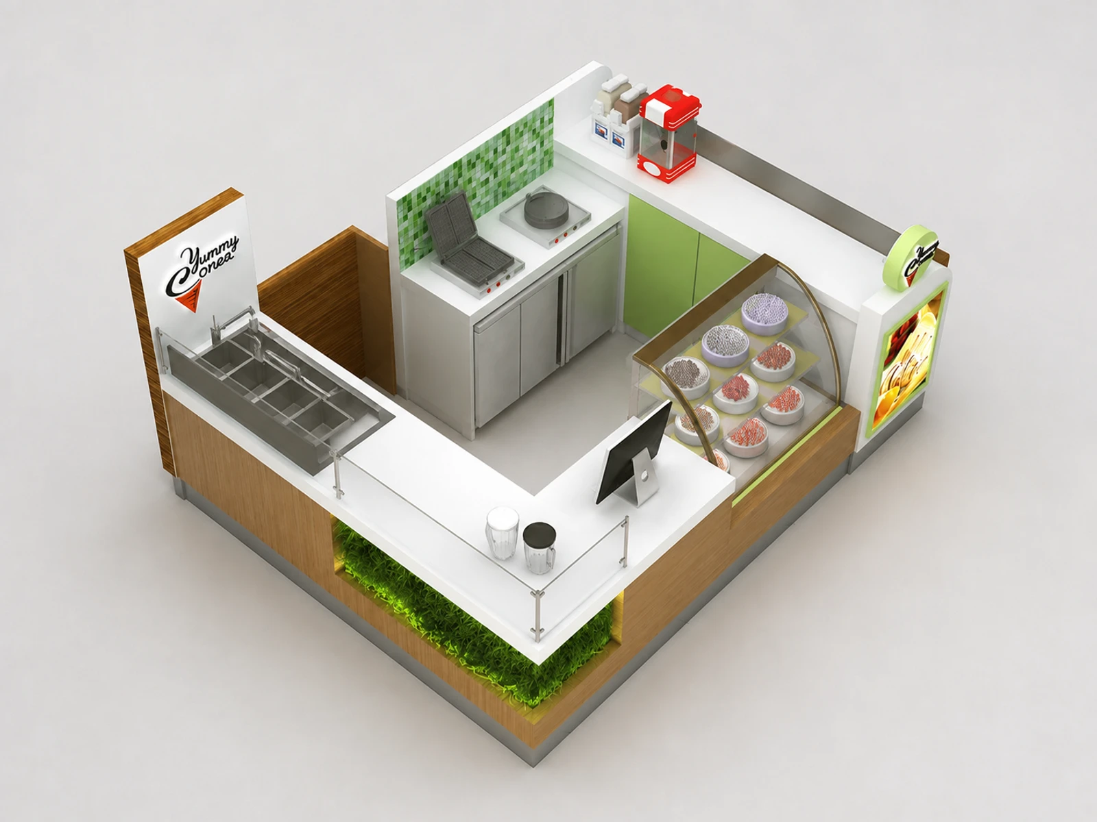 Customized Ice Cream Kiosk & Gelato Display Counter for Yogurt Booth in Retail Store — elevated layout view