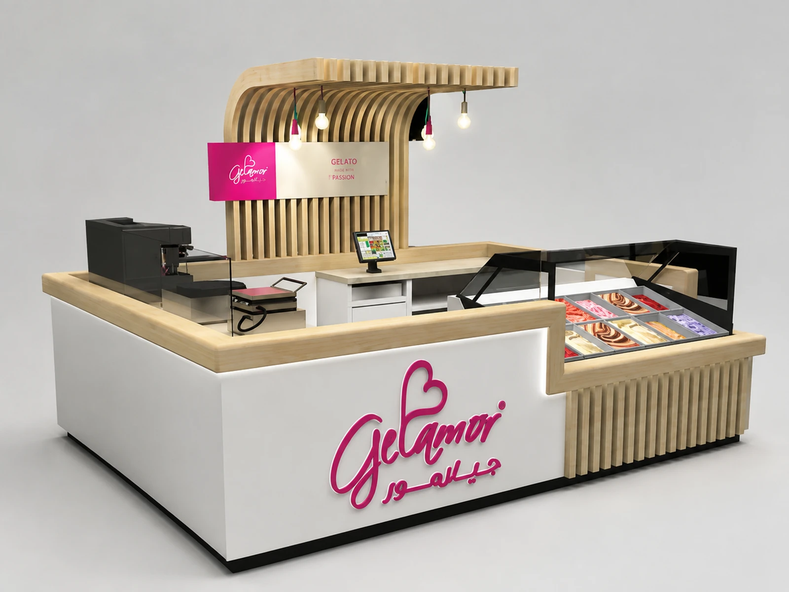 Customized Ice Cream Kiosk & Gelato Display Counter in for Food Booth with Factory Price — overall kiosk design