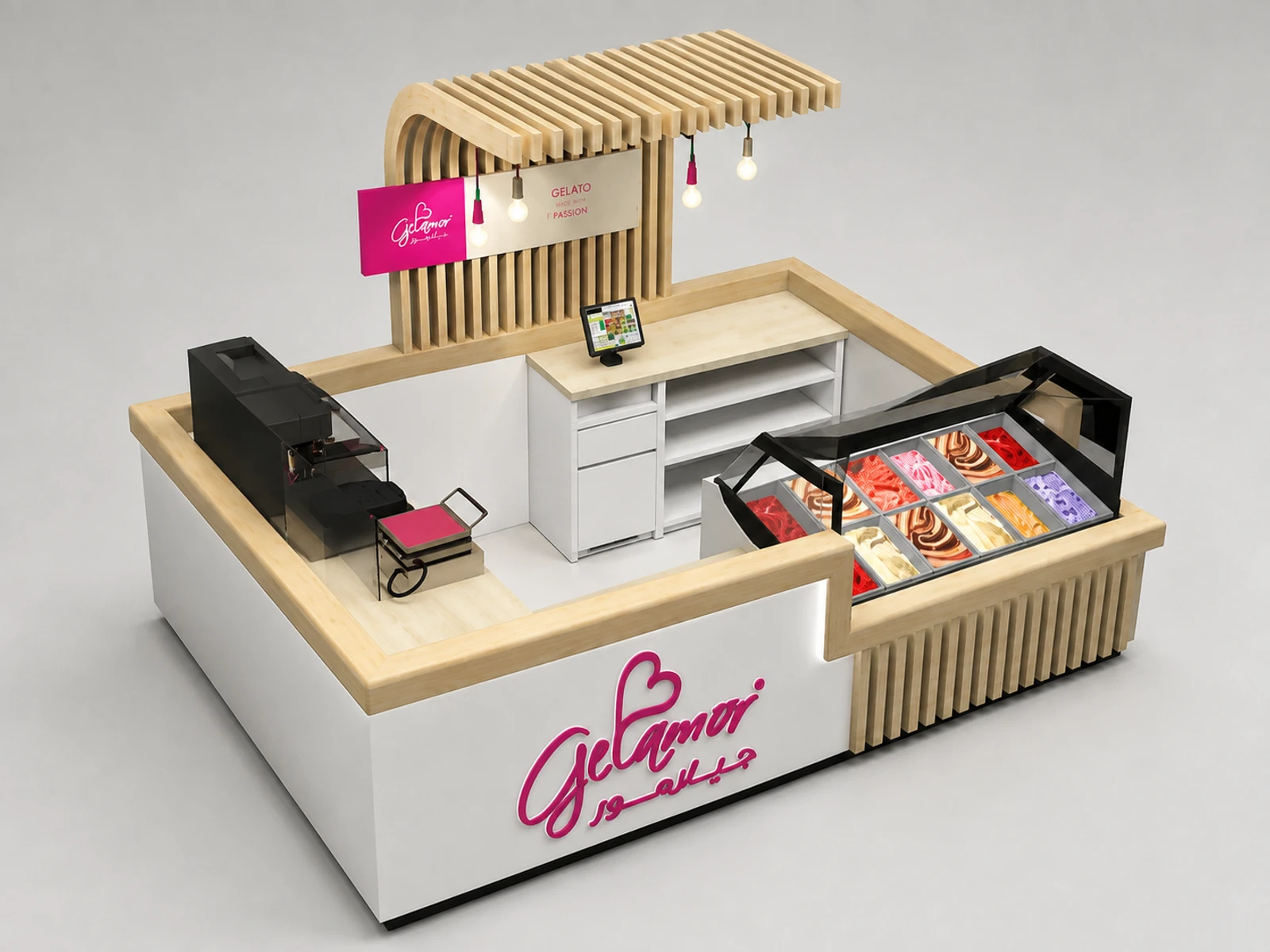 Customized Ice Cream Kiosk & Gelato Display Counter in for Food Booth with Factory Price — elevated layout view