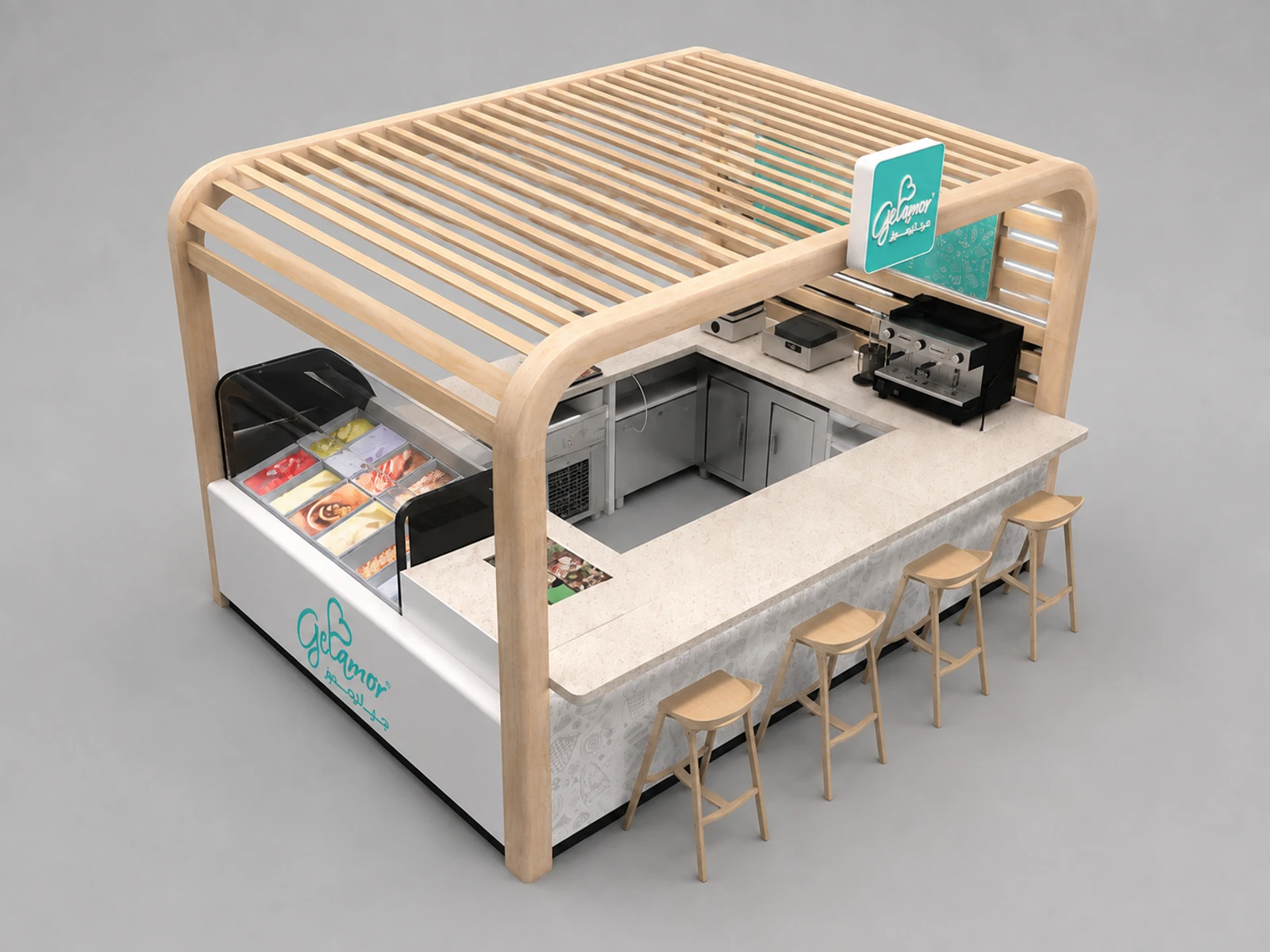 Customized Ice Cream Kiosk & Gelato Display Counter with Factory Price for Sale — elevated layout view
