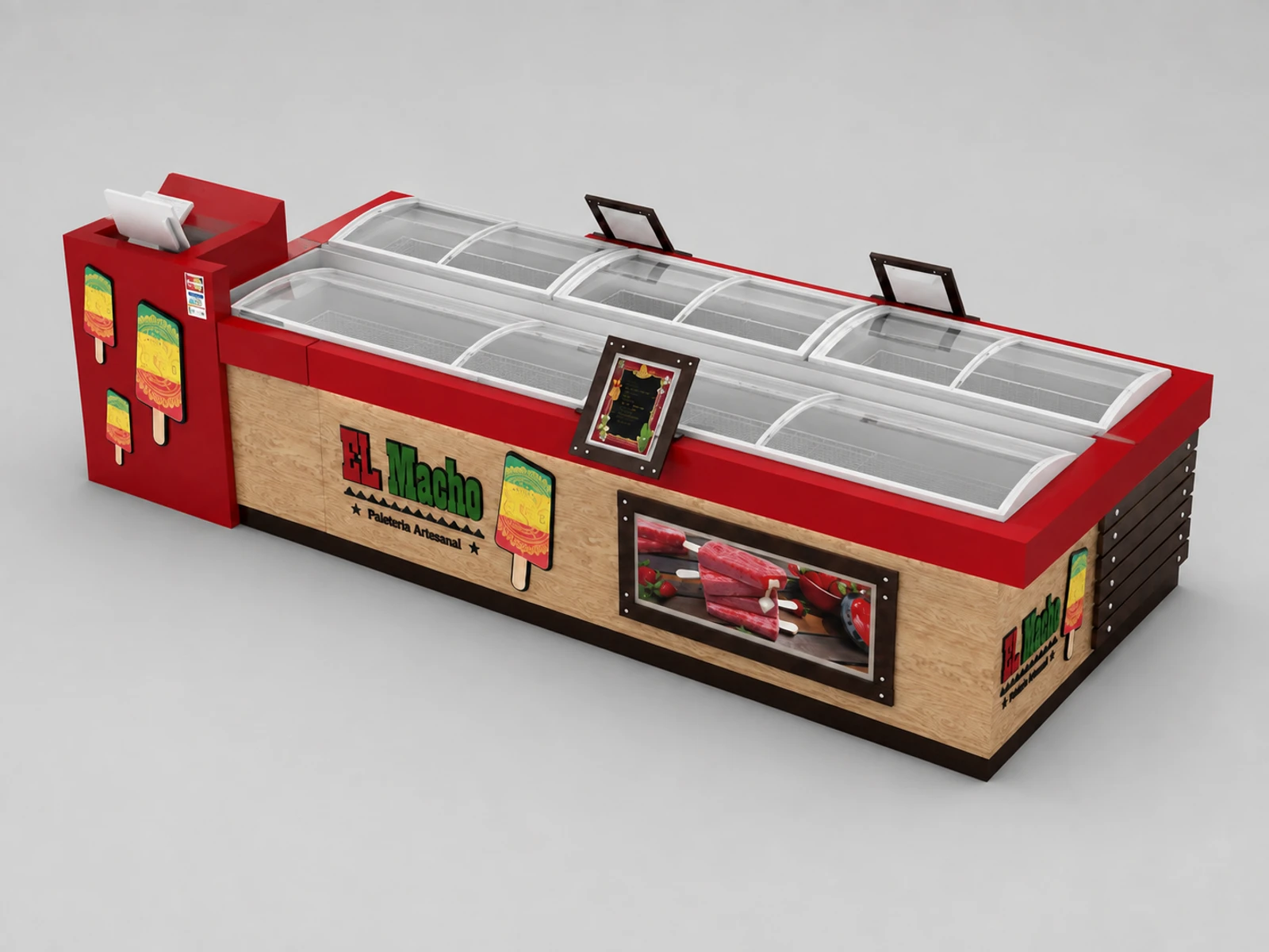 Customized Popsicle Display Counter & Ice Cream Kiosk with Unique Design in Retail Store for Sale — elevated layout view