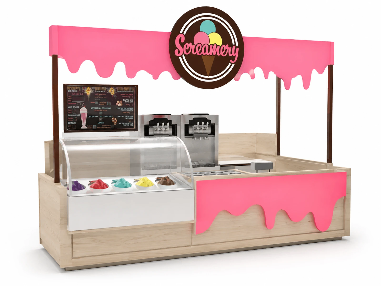 Cute Smoothie kiosk pink with top ice cream both frozen yogurt bar with just fast food display kiosk for sale — overall kiosk design