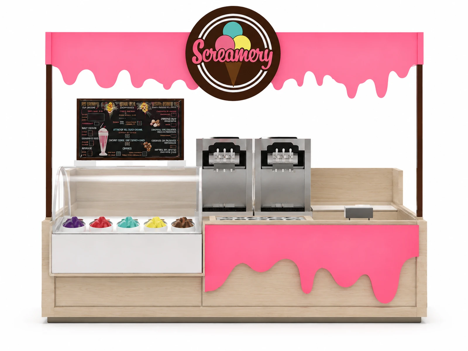 Cute Smoothie kiosk pink with top ice cream both frozen yogurt bar with just fast food display kiosk for sale — additional service-side perspective