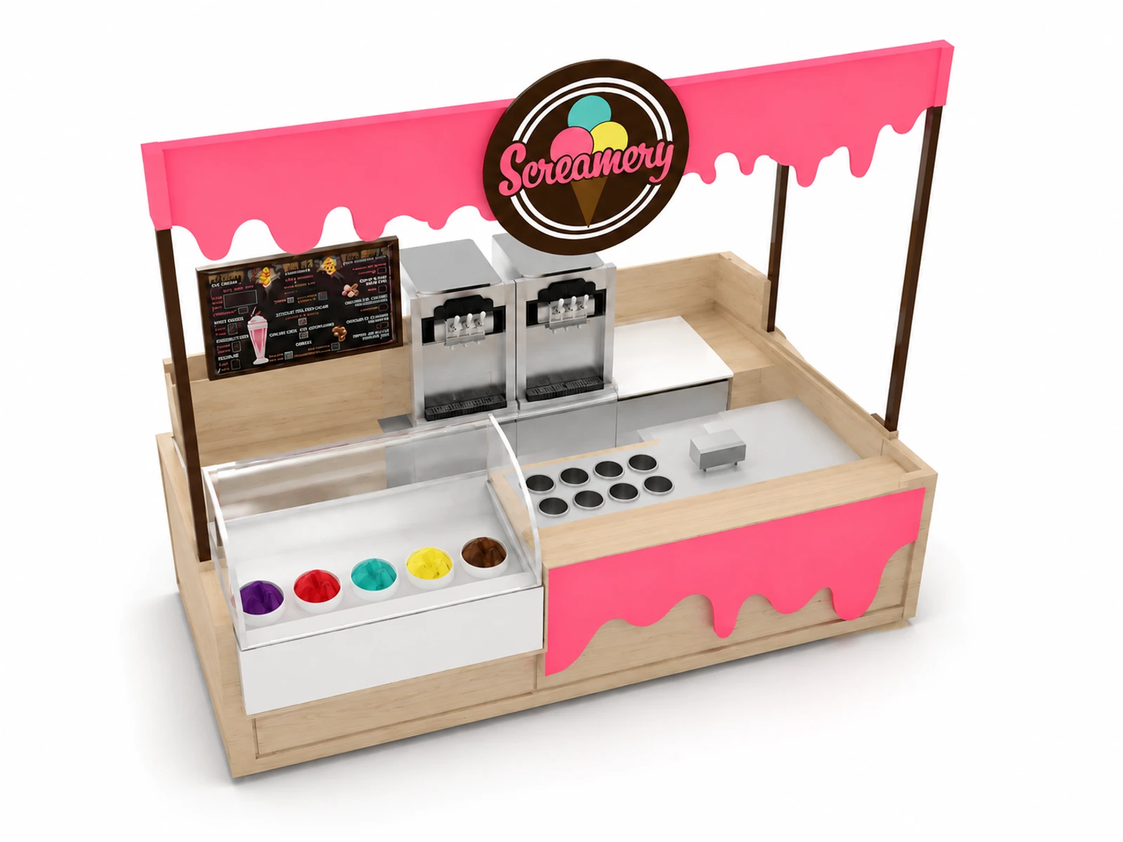Cute Smoothie kiosk pink with top ice cream both frozen yogurt bar with just fast food display kiosk for sale — elevated layout view