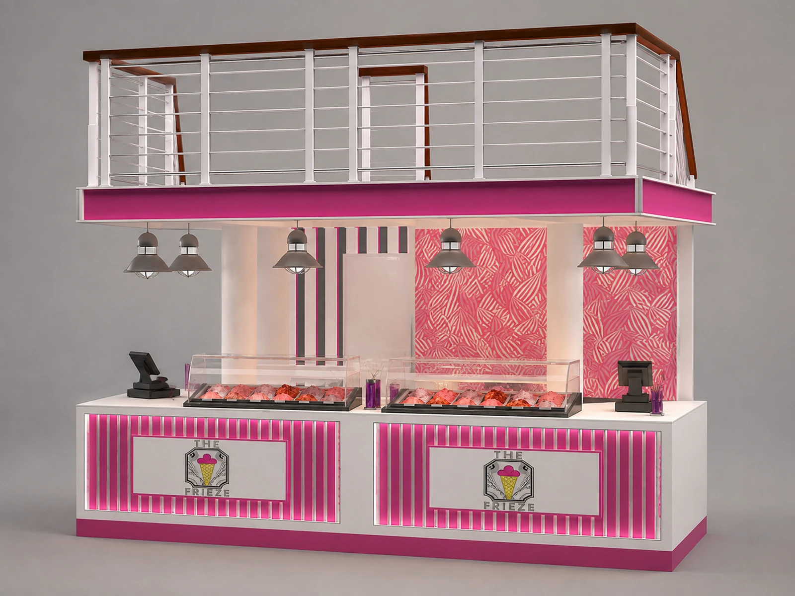 Elegant pink ice cream kiosk gelato booth design used in mall — overall kiosk design