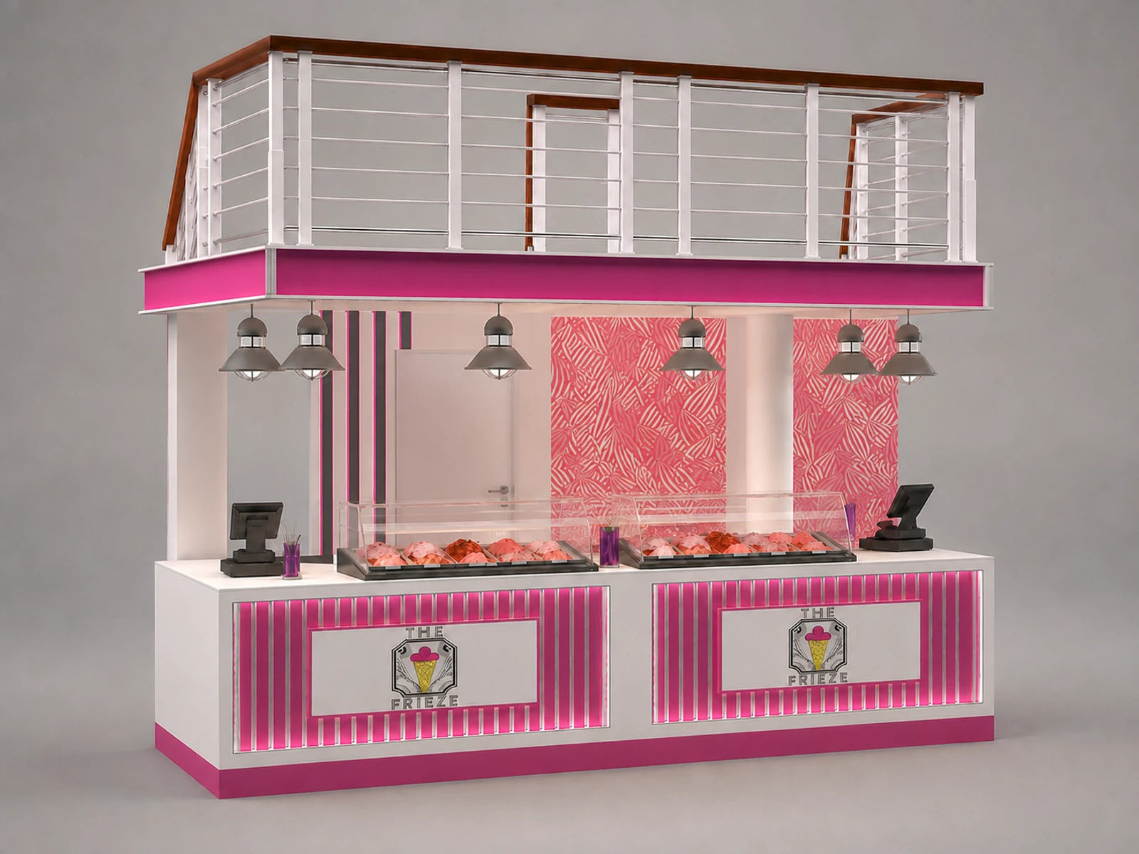Elegant pink ice cream kiosk gelato booth design used in mall — alternate counter perspective