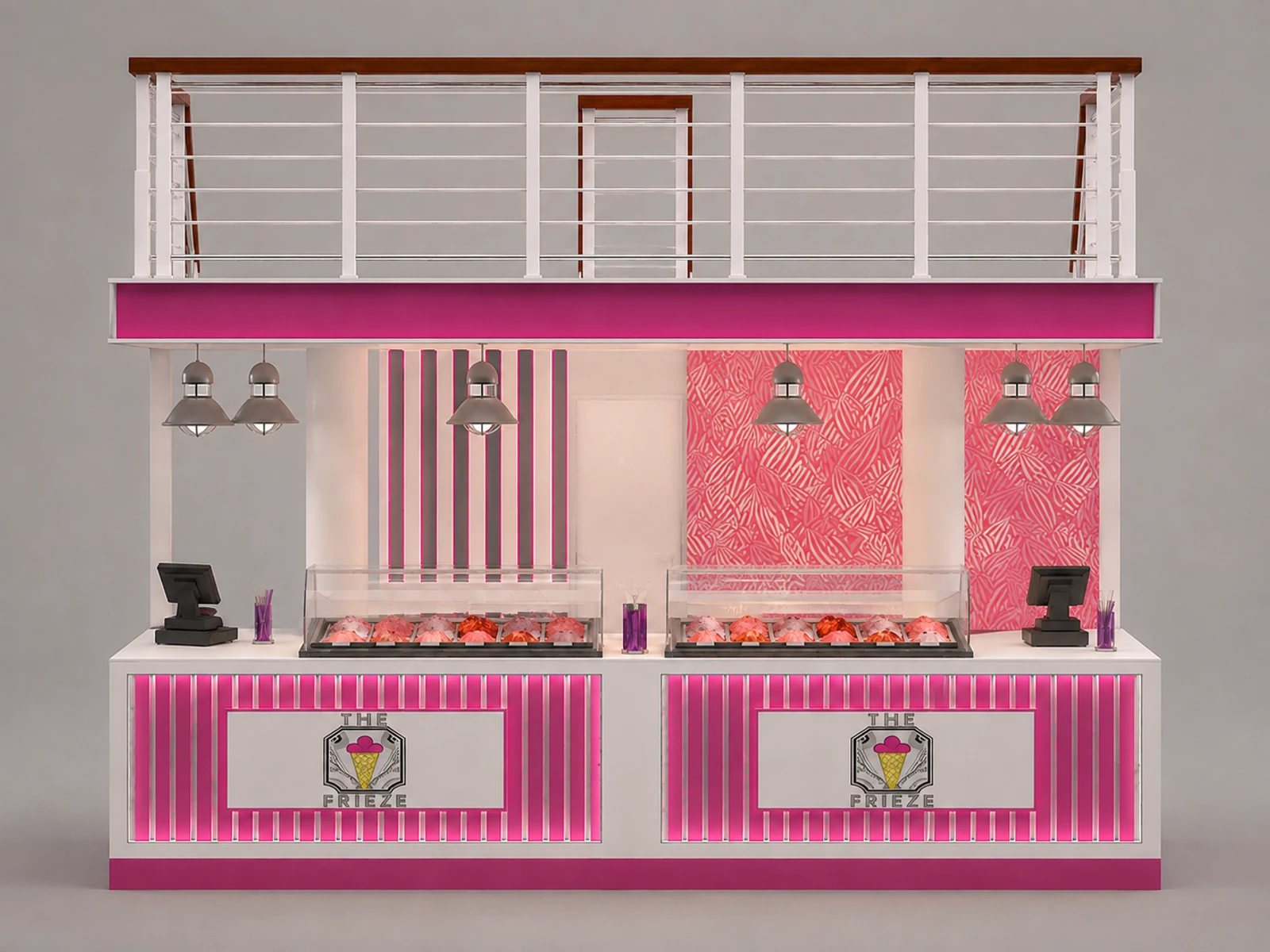 Elegant pink ice cream kiosk gelato booth design used in mall — additional service-side perspective