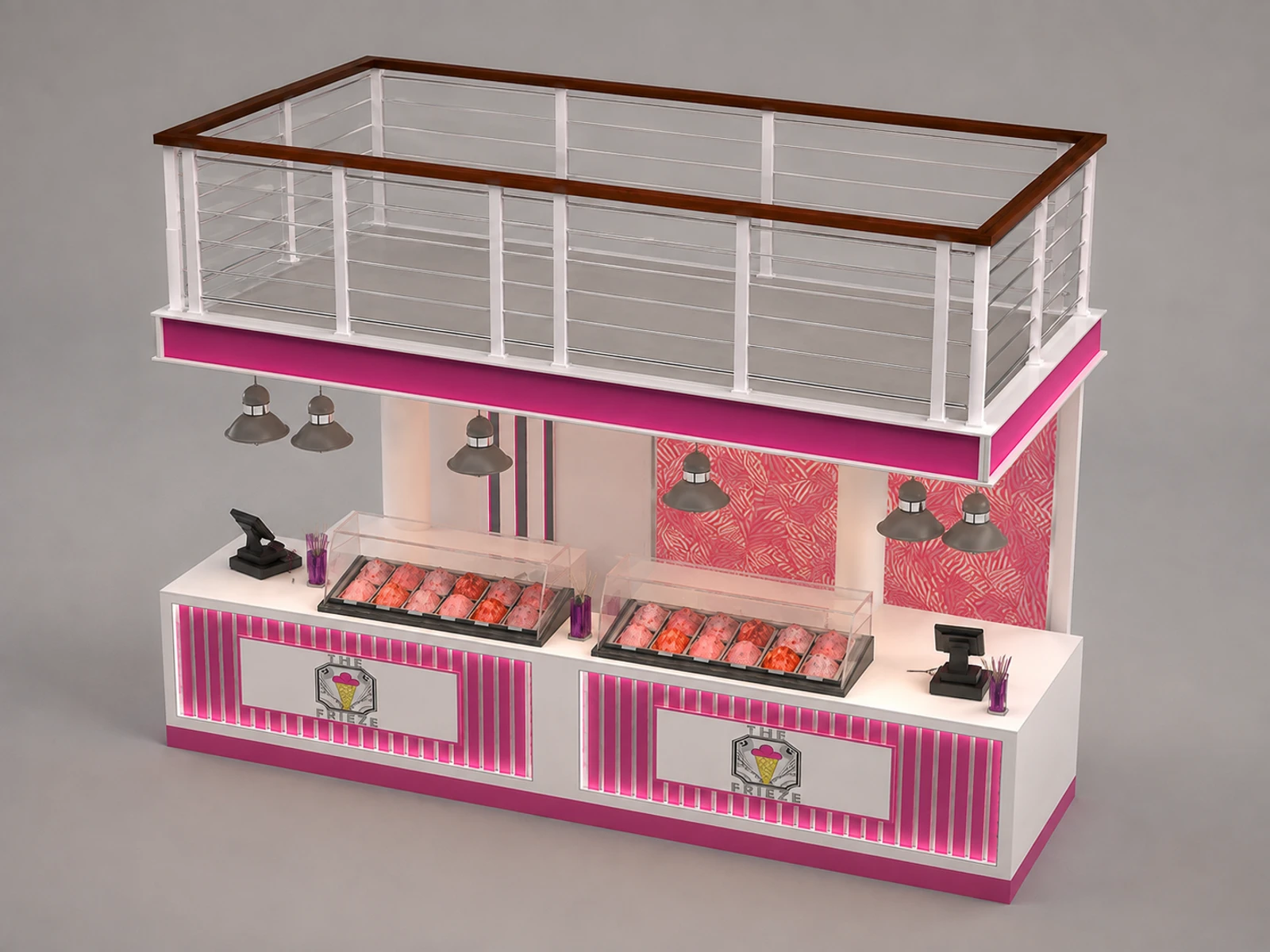 Elegant pink ice cream kiosk gelato booth design used in mall — elevated layout view