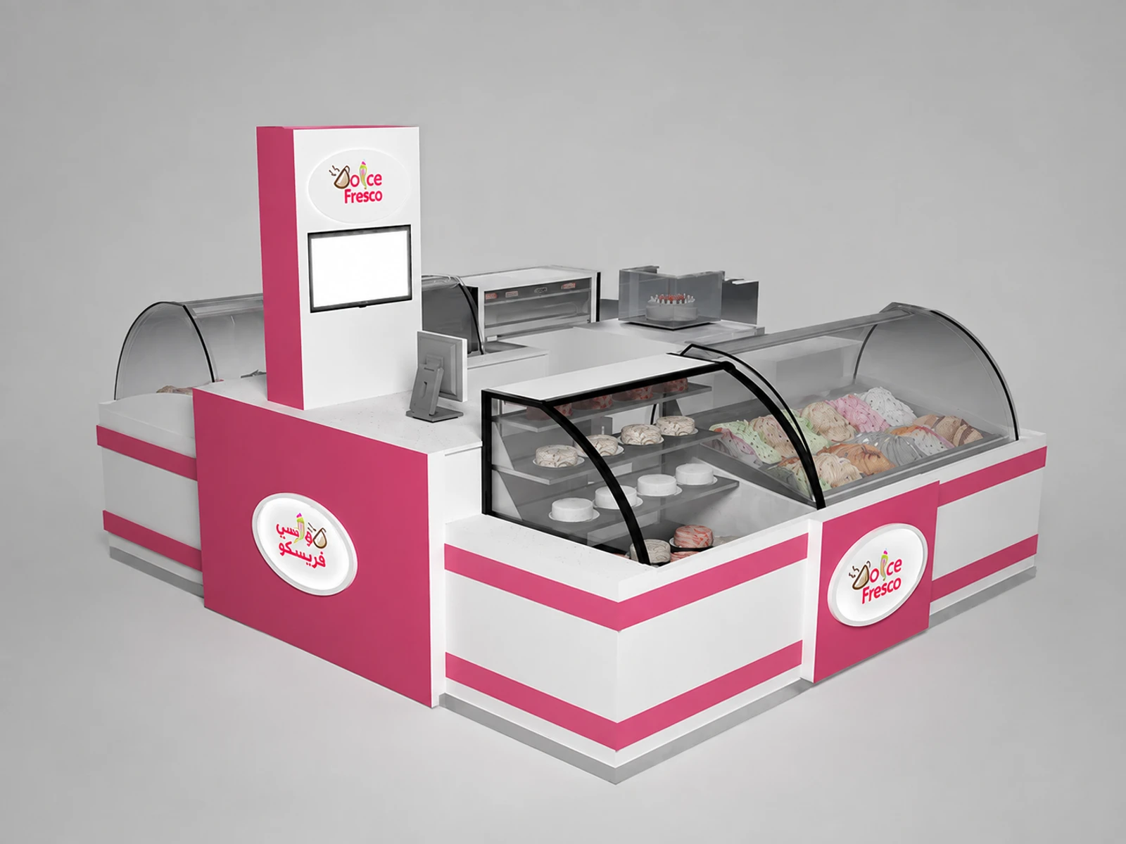 Elegant sweet ice cream kiosk gelato display counter used in USA — overall kiosk design