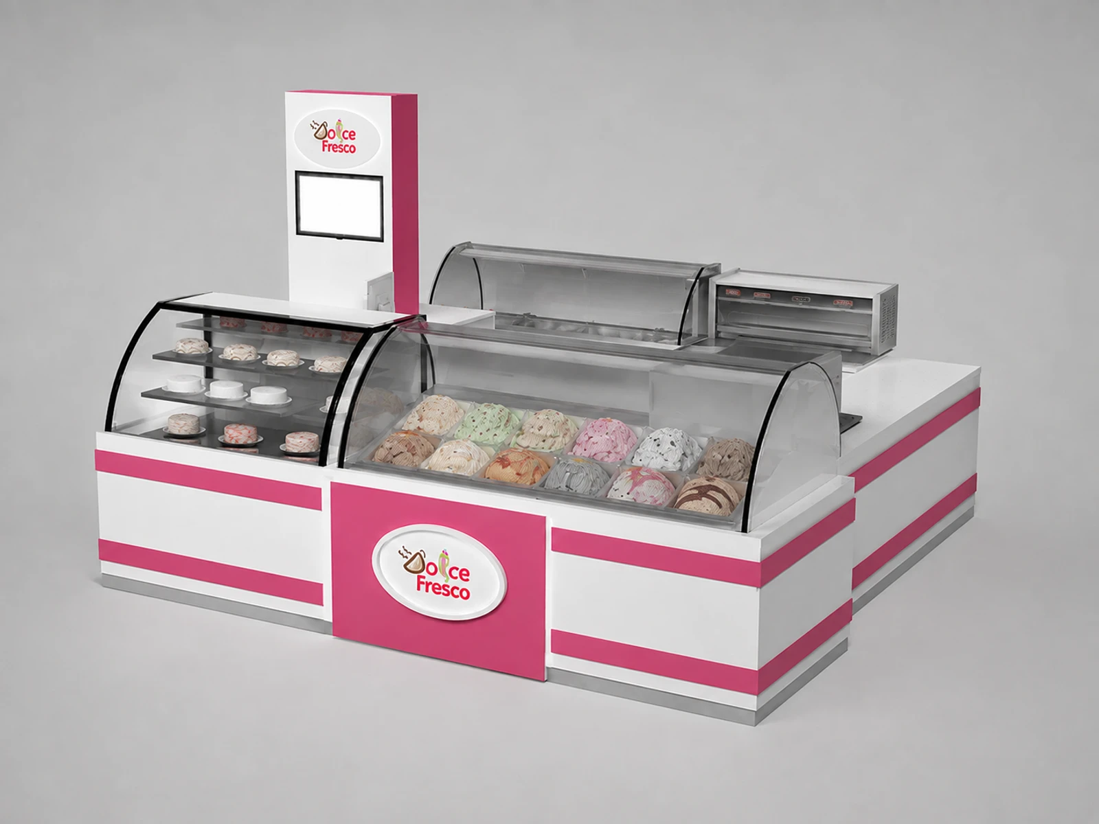Elegant sweet ice cream kiosk gelato display counter used in USA — alternate counter perspective