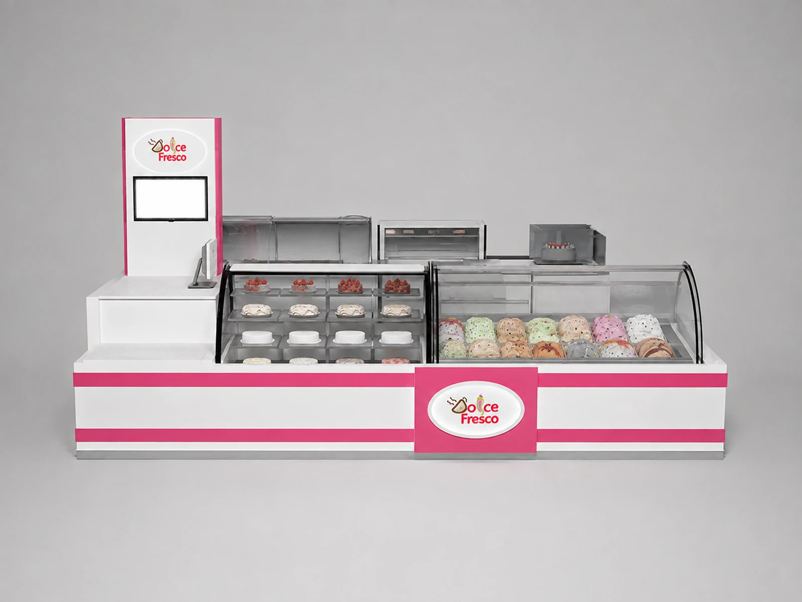 Elegant sweet ice cream kiosk gelato display counter used in USA — additional service-side perspective