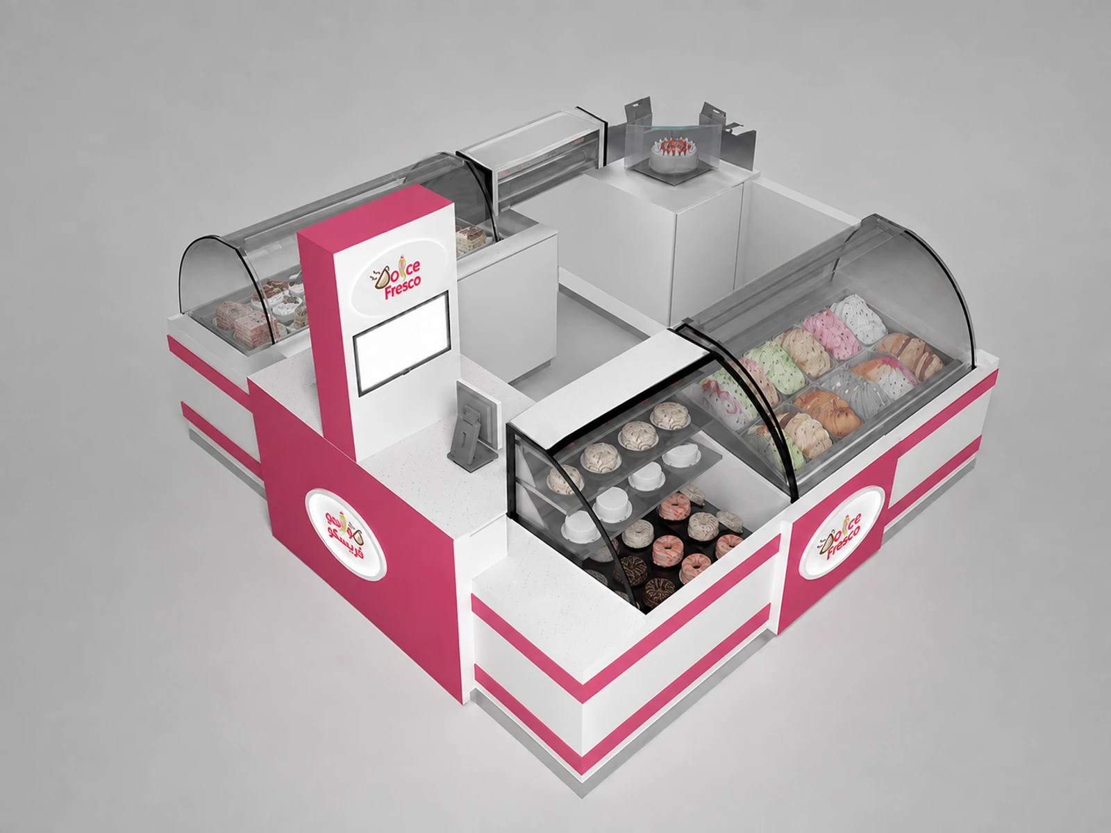 Elegant sweet ice cream kiosk gelato display counter used in USA — elevated layout view