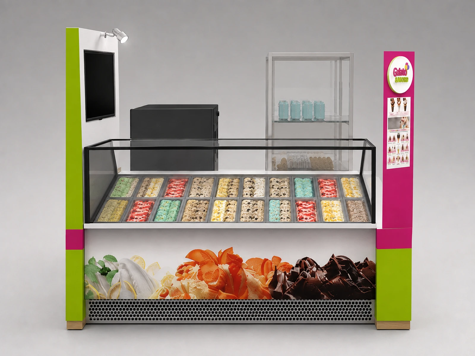 Fantastic gelato display booth wooden sweets display kiosk for sale — alternate counter perspective