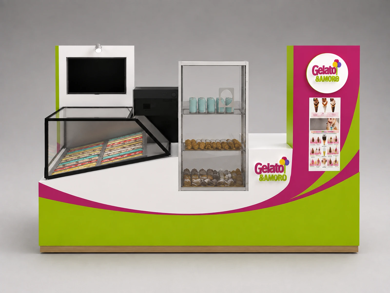 Fantastic gelato display booth wooden sweets display kiosk for sale — additional service-side perspective