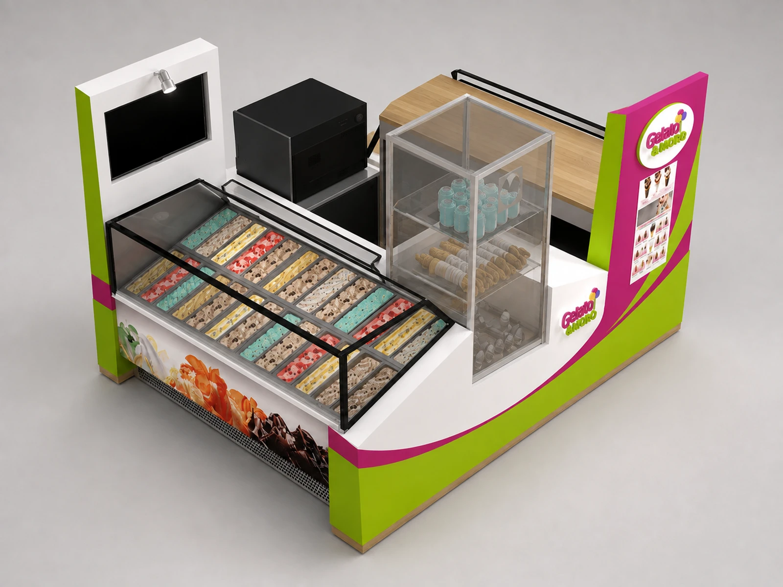 Fantastic gelato display booth wooden sweets display kiosk for sale — elevated layout view