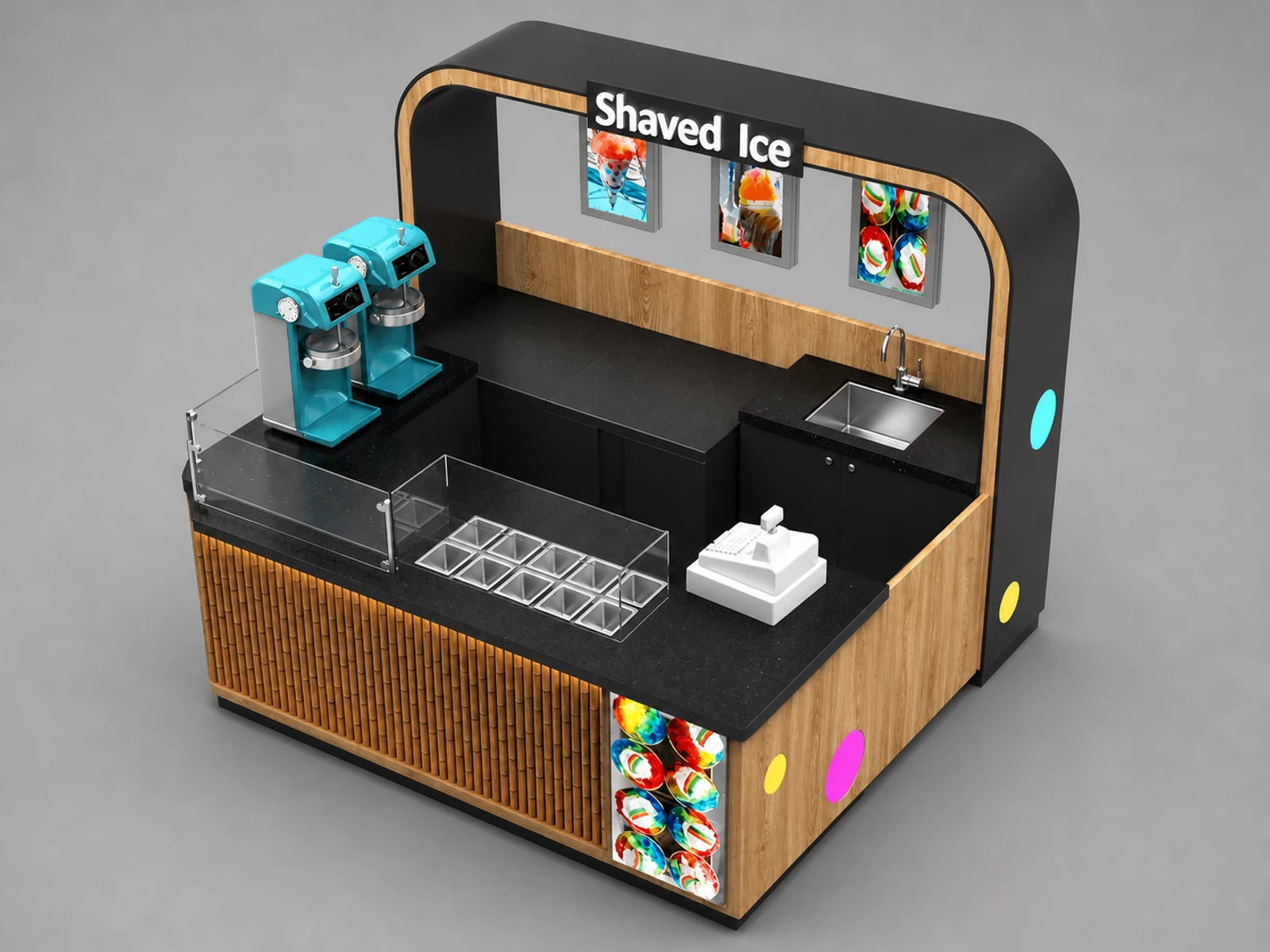 Fantastic shaved ice kiosk design ice cream cone booth used in mall for sale — elevated layout view