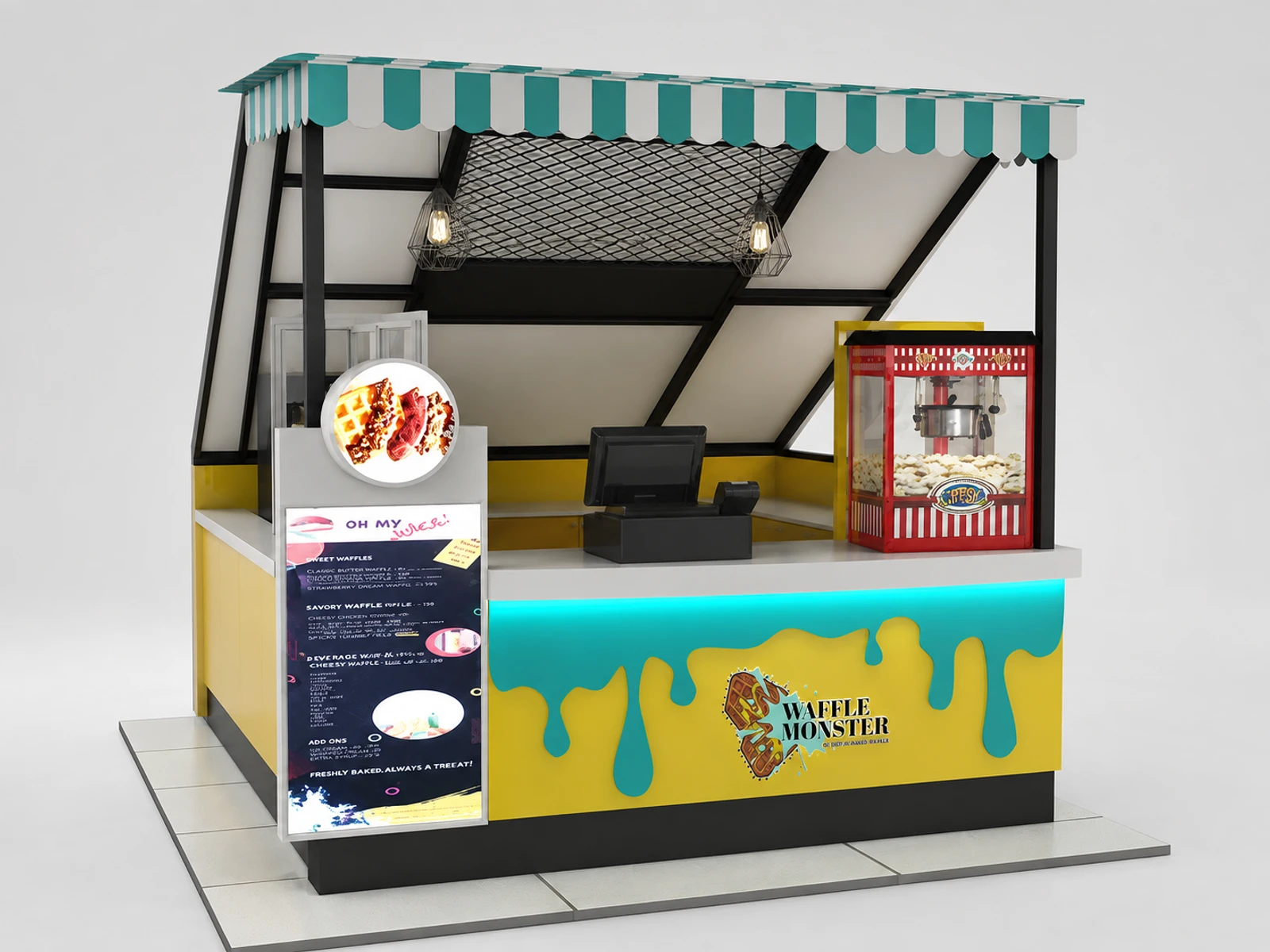 Fashion Ice Cream Bar Waffle Retail Custom Snacks Counter Hot Ice Gelato Fresh Juice Kiosk — overall kiosk design