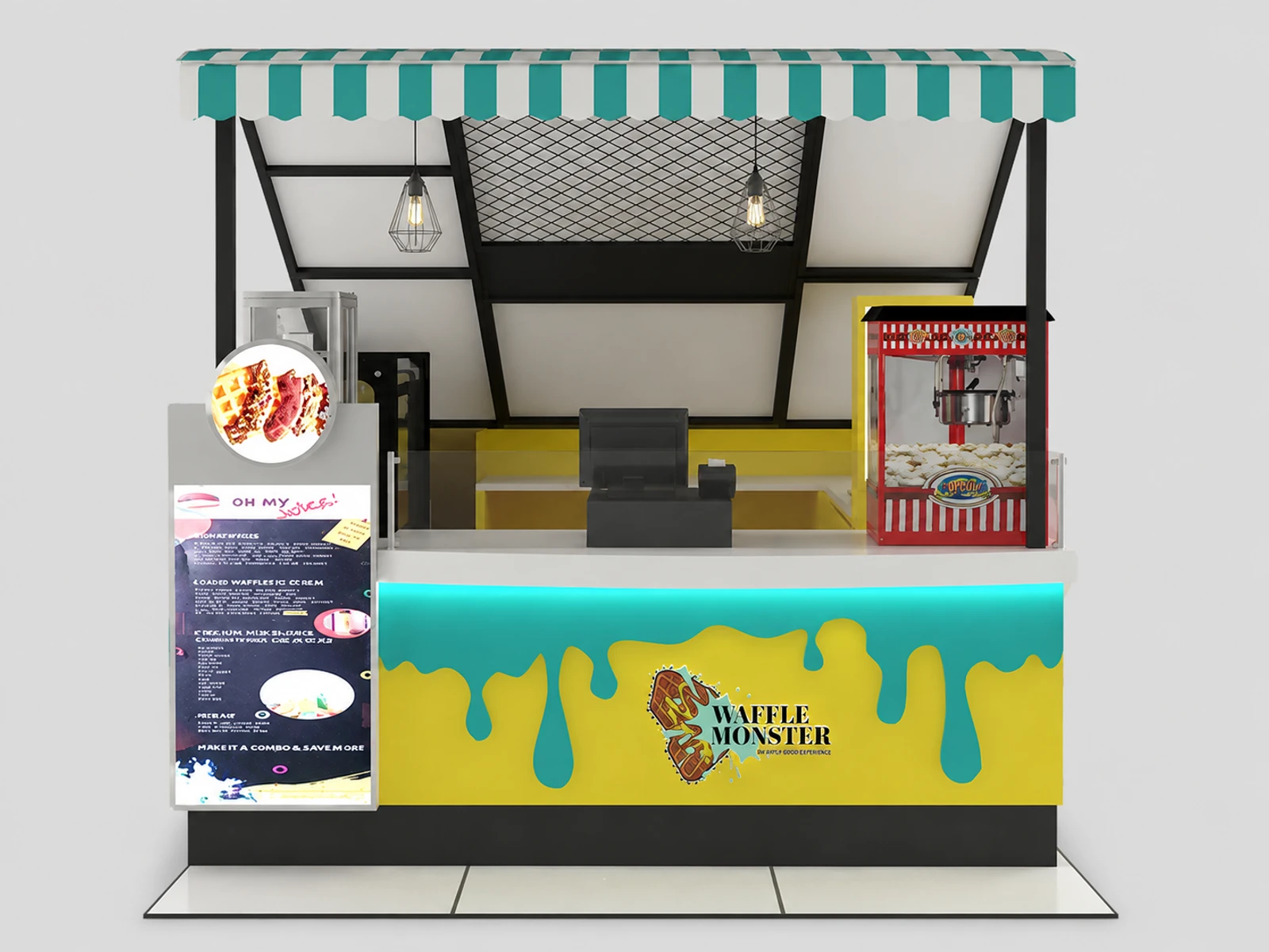 Fashion Ice Cream Bar Waffle Retail Custom Snacks Counter Hot Ice Gelato Fresh Juice Kiosk — additional service-side perspective