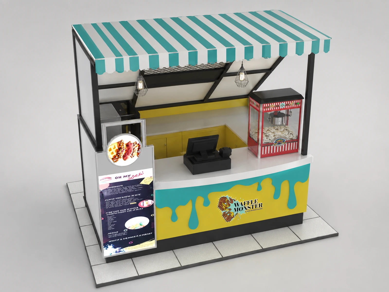 Fashion Ice Cream Bar Waffle Retail Custom Snacks Counter Hot Ice Gelato Fresh Juice Kiosk — elevated layout view