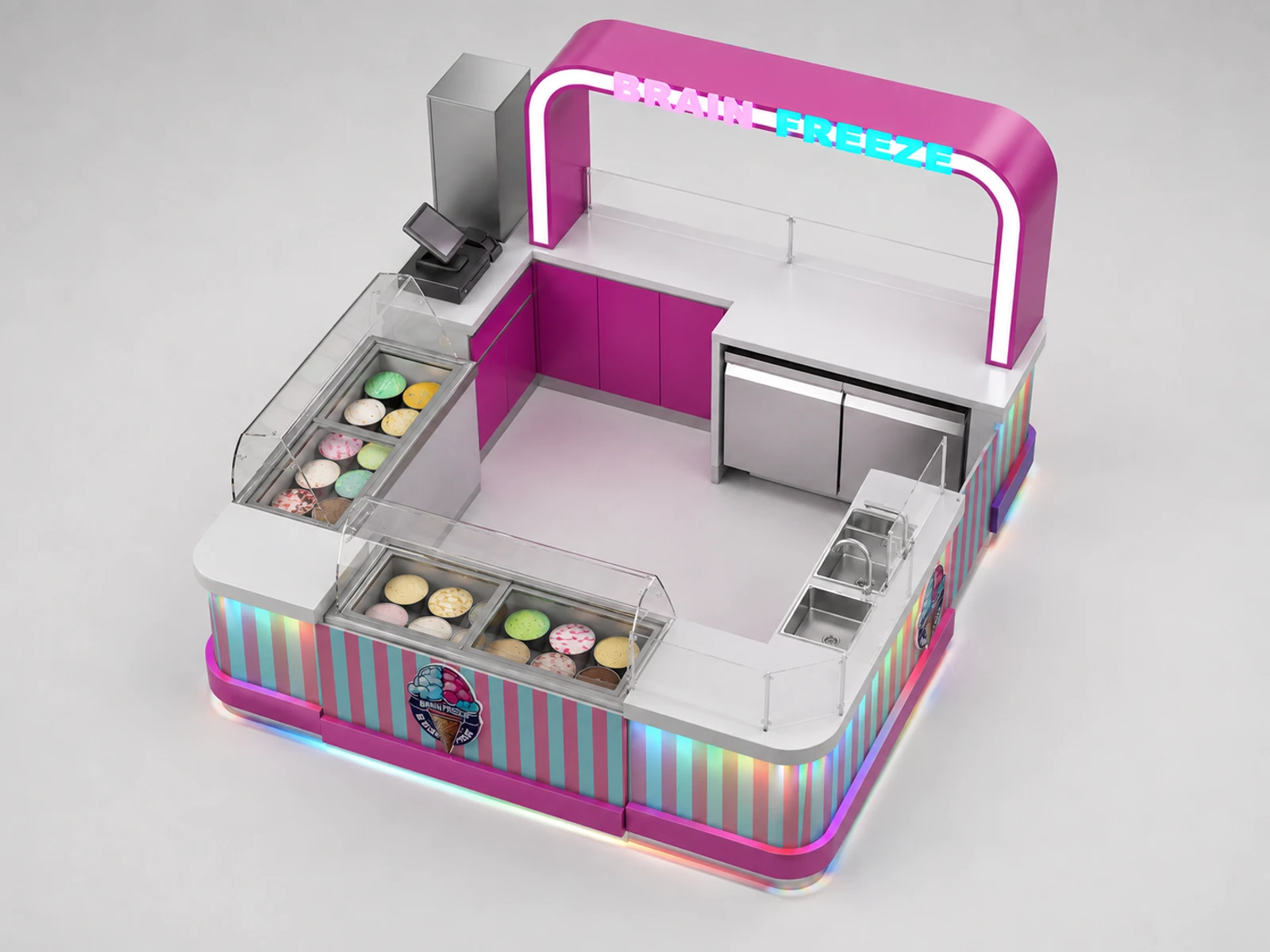 Fashion Ice Cream Kiosk Mall Inside Ice Cream Bar Retail Design — elevated layout view
