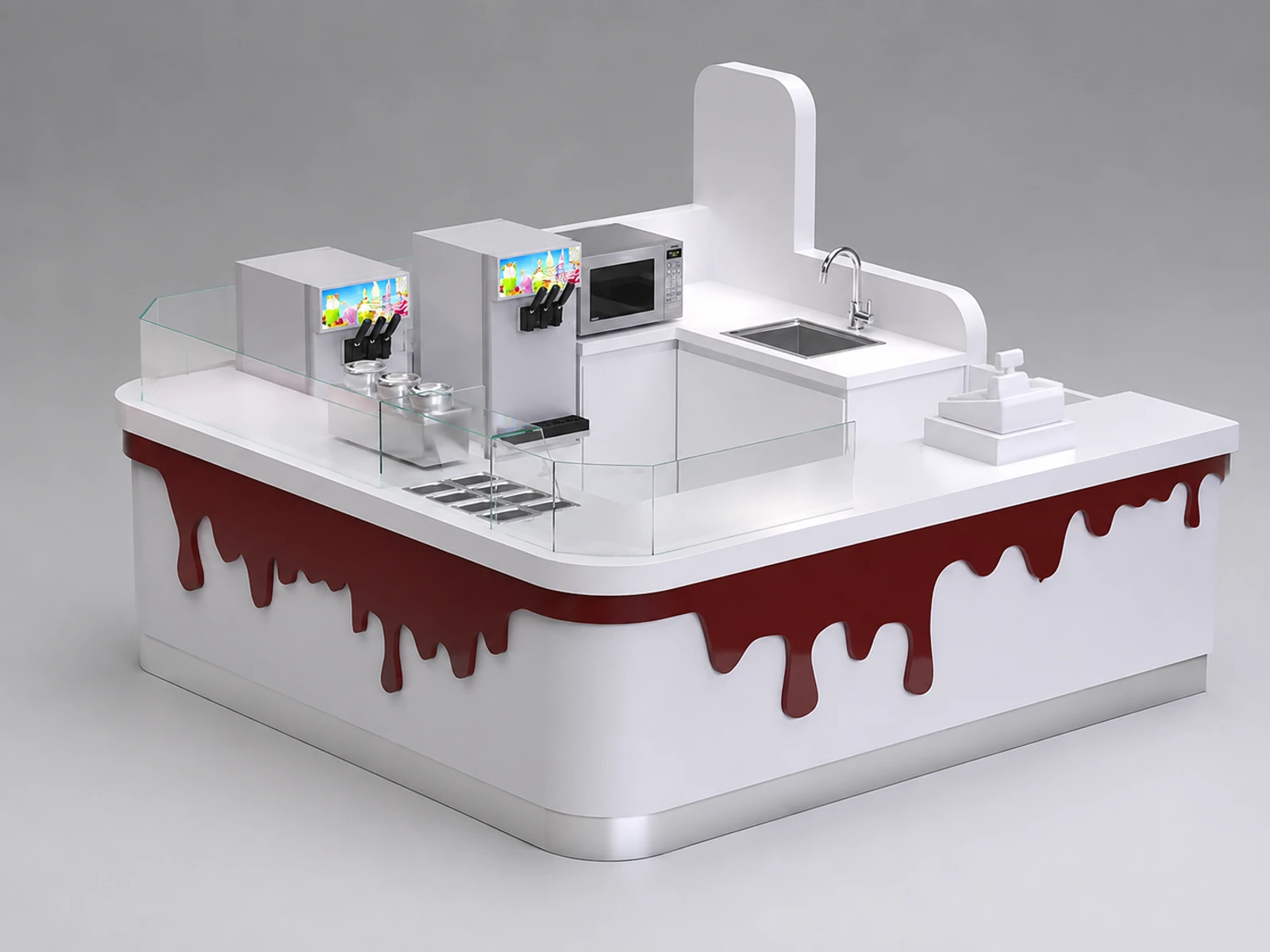 Flowing Chocolate Decoration for Mall Ice Cream Kiosk Counter — overall kiosk design