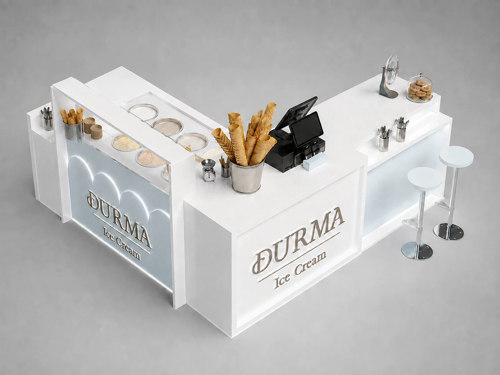 Fresh Ice Cream Kiosk New Ice Cream Booth Retail Ice Cream Counter — elevated layout view