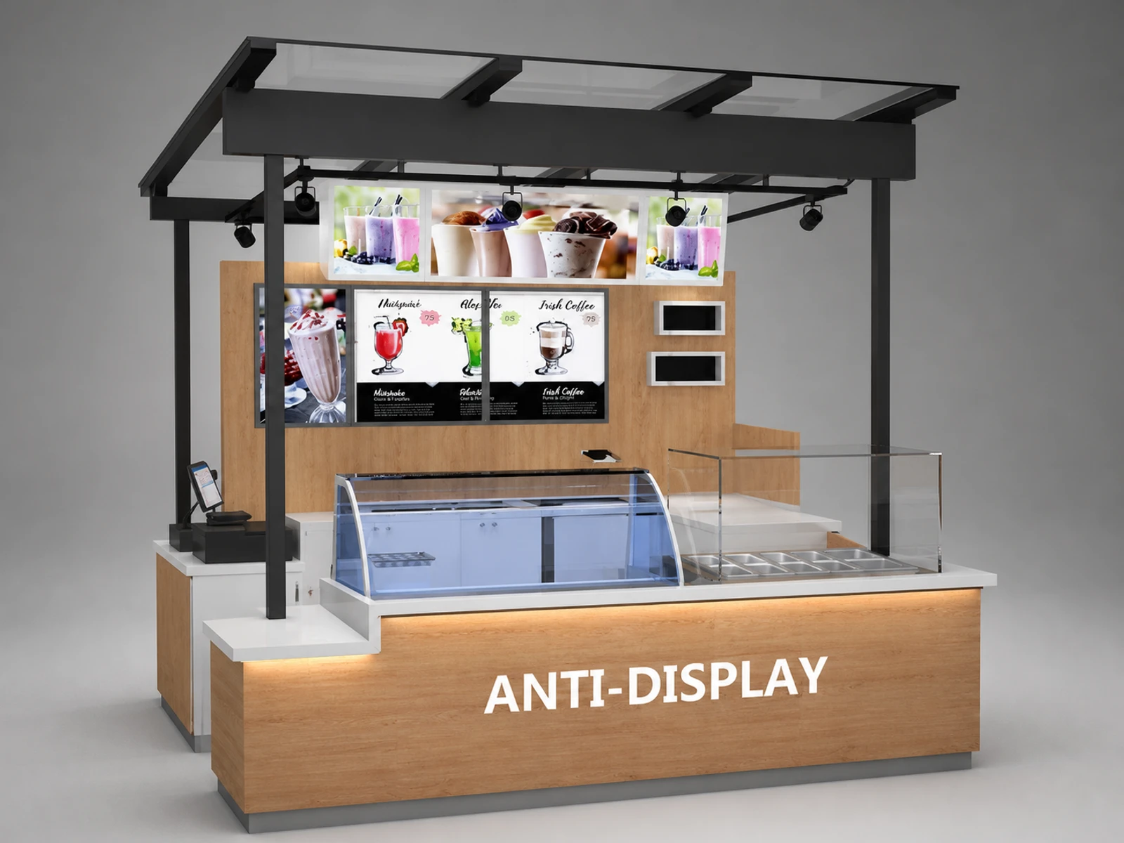 Frozen yogurt bar counter wooden bubble tea kiosk juice bar kiosk drink booth — overall kiosk design
