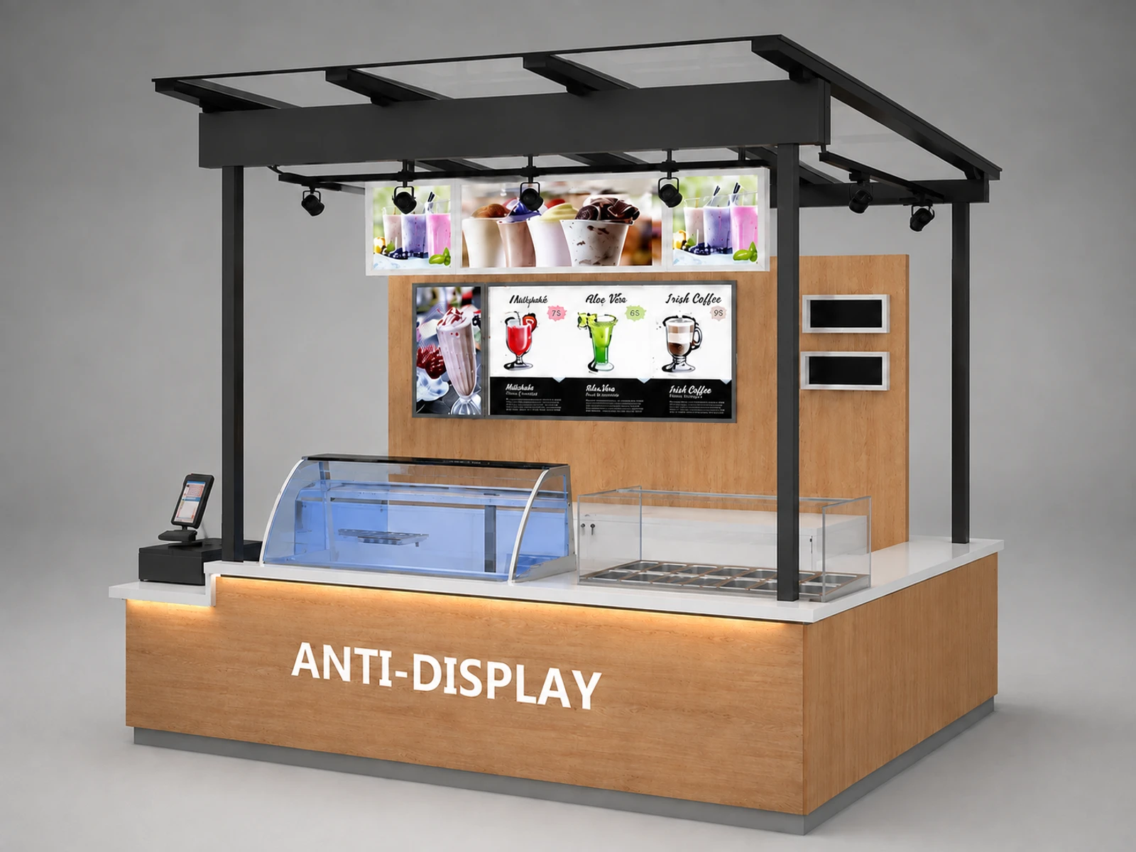 Frozen yogurt bar counter wooden bubble tea kiosk juice bar kiosk drink booth — alternate counter perspective