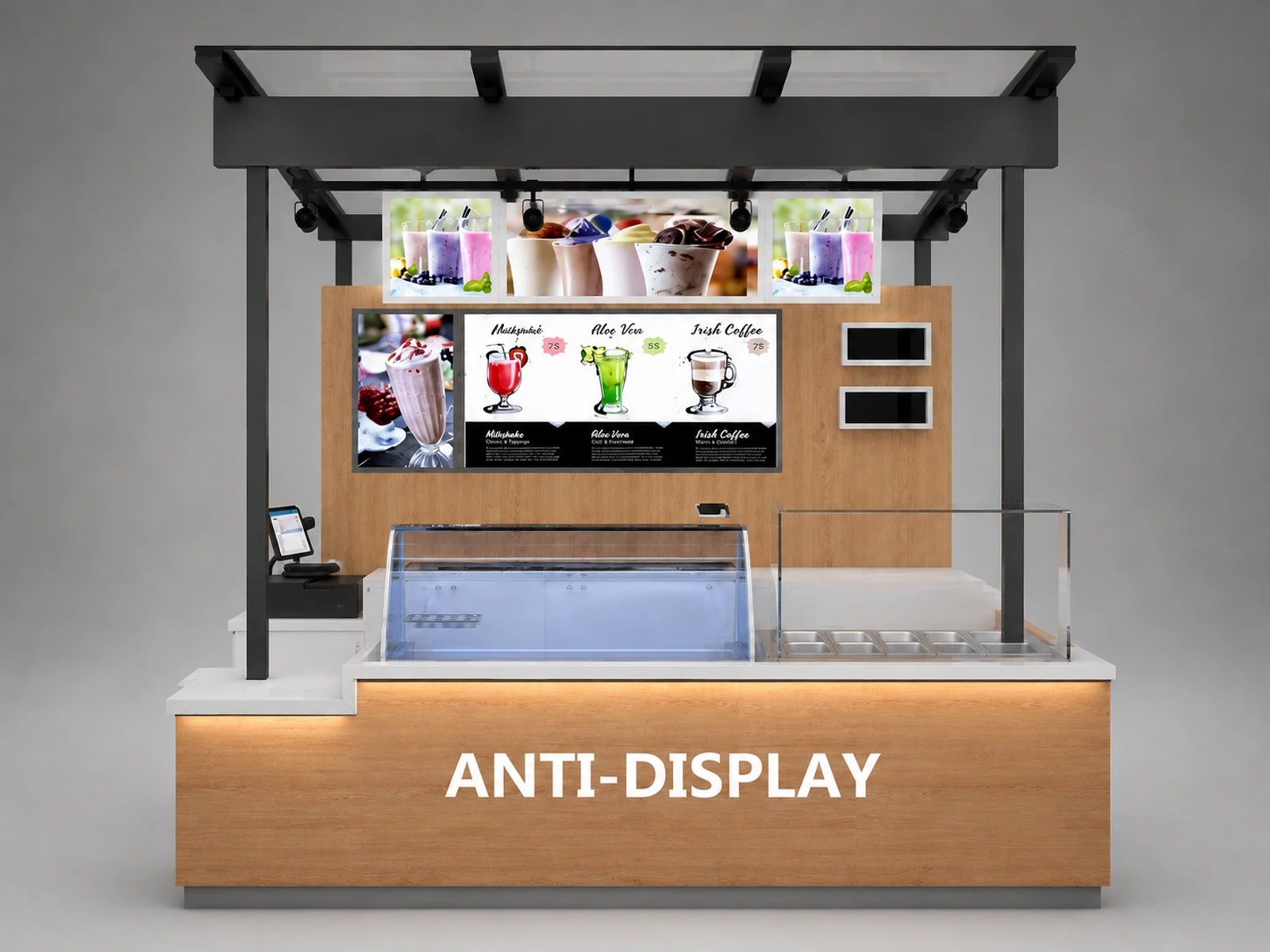 Frozen yogurt bar counter wooden bubble tea kiosk juice bar kiosk drink booth — additional service-side perspective