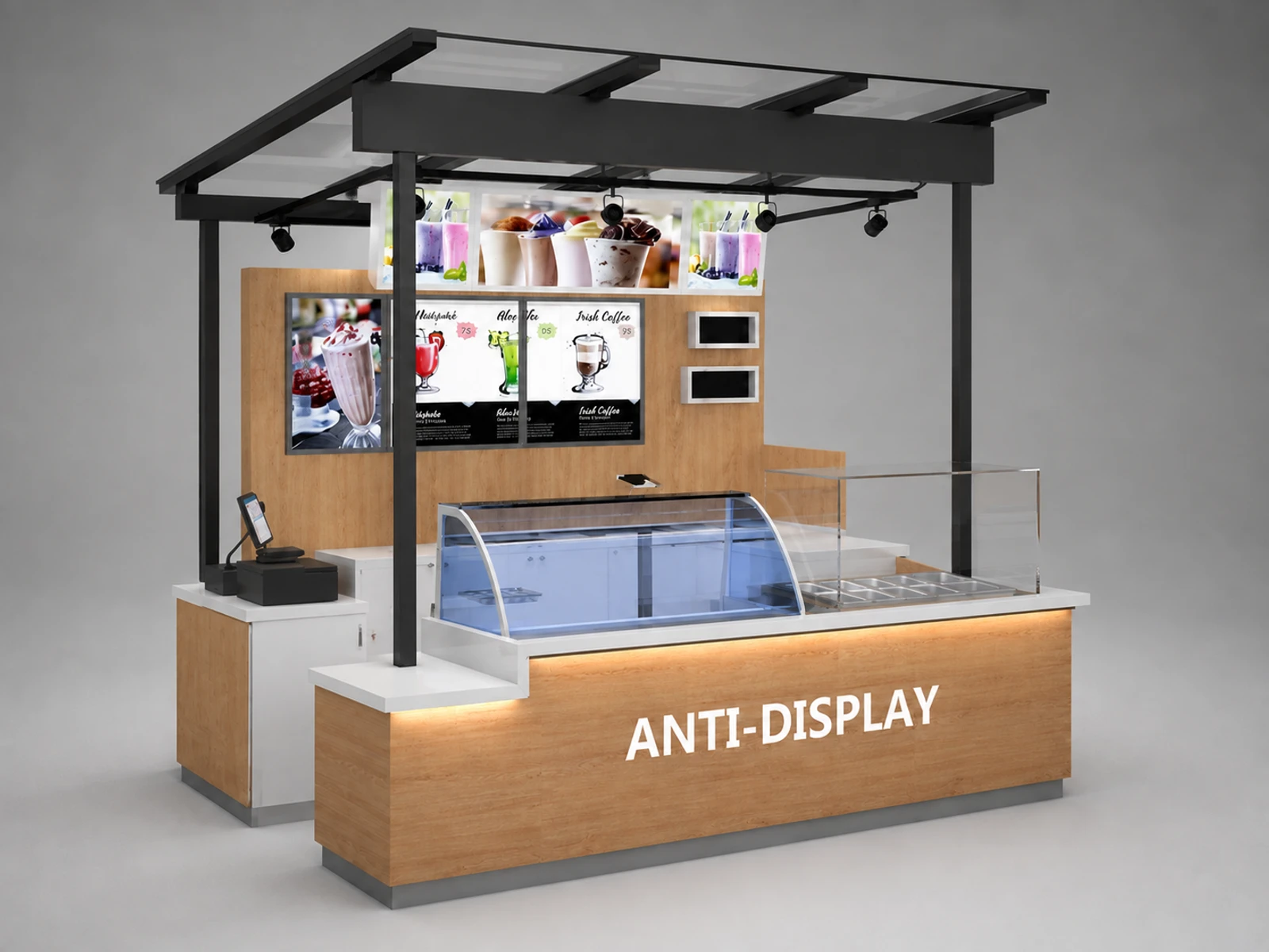 Frozen yogurt bar counter wooden bubble tea kiosk juice bar kiosk drink booth — elevated layout view