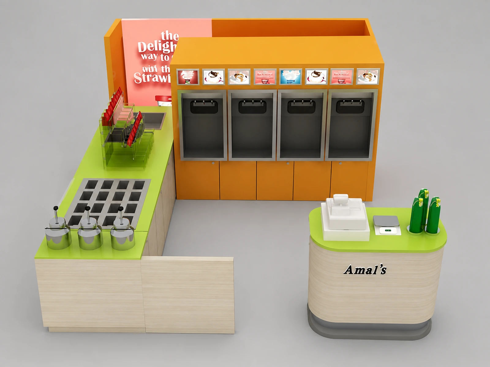 Frozen yogurt booth design customize ice cream bar counter fresh sweet kiosk — overall kiosk design