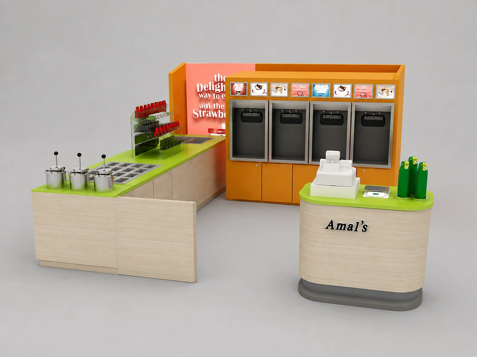 Frozen yogurt booth design customize ice cream bar counter fresh sweet kiosk — alternate counter perspective
