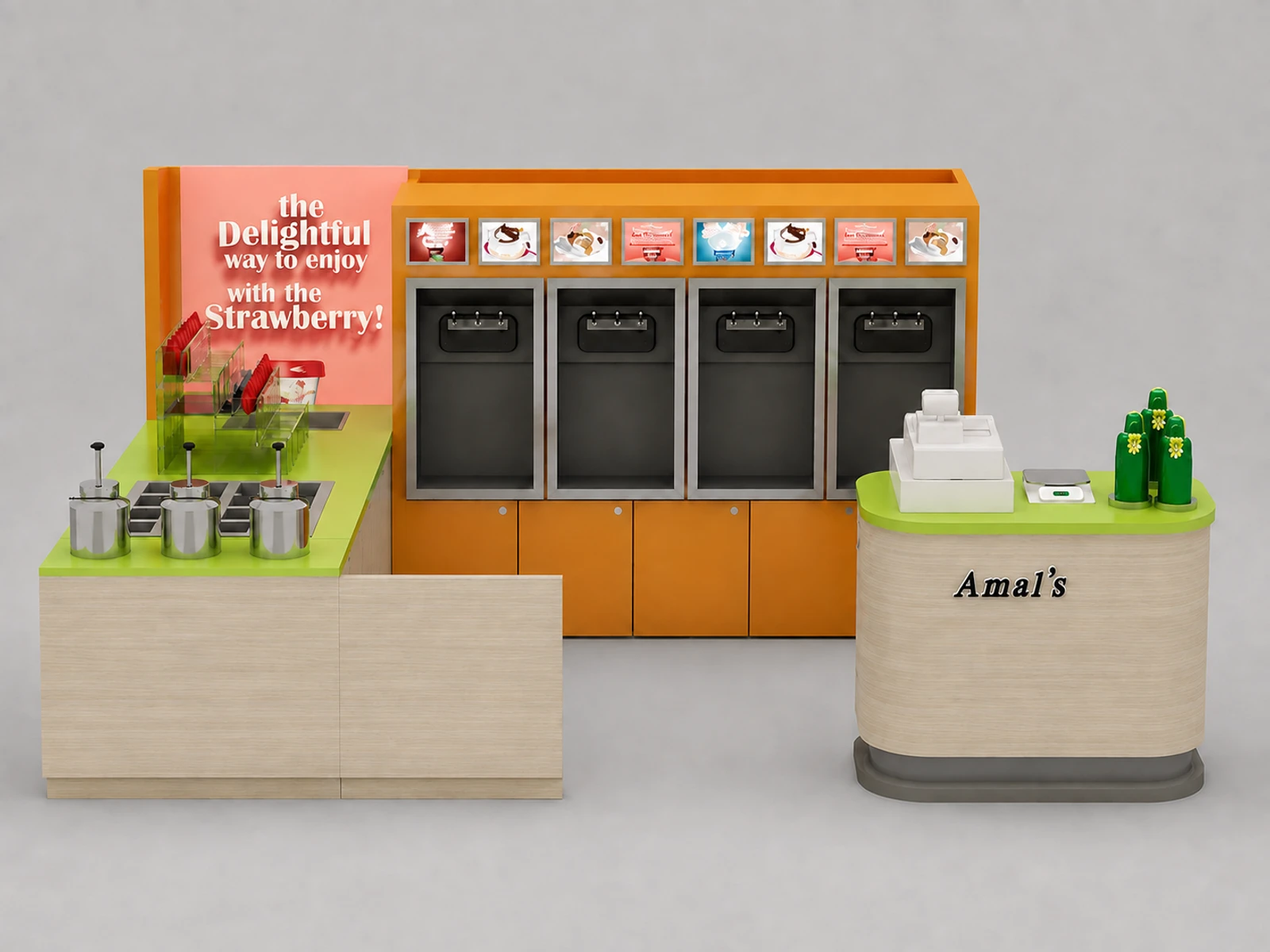 Frozen yogurt booth design customize ice cream bar counter fresh sweet kiosk — additional service-side perspective