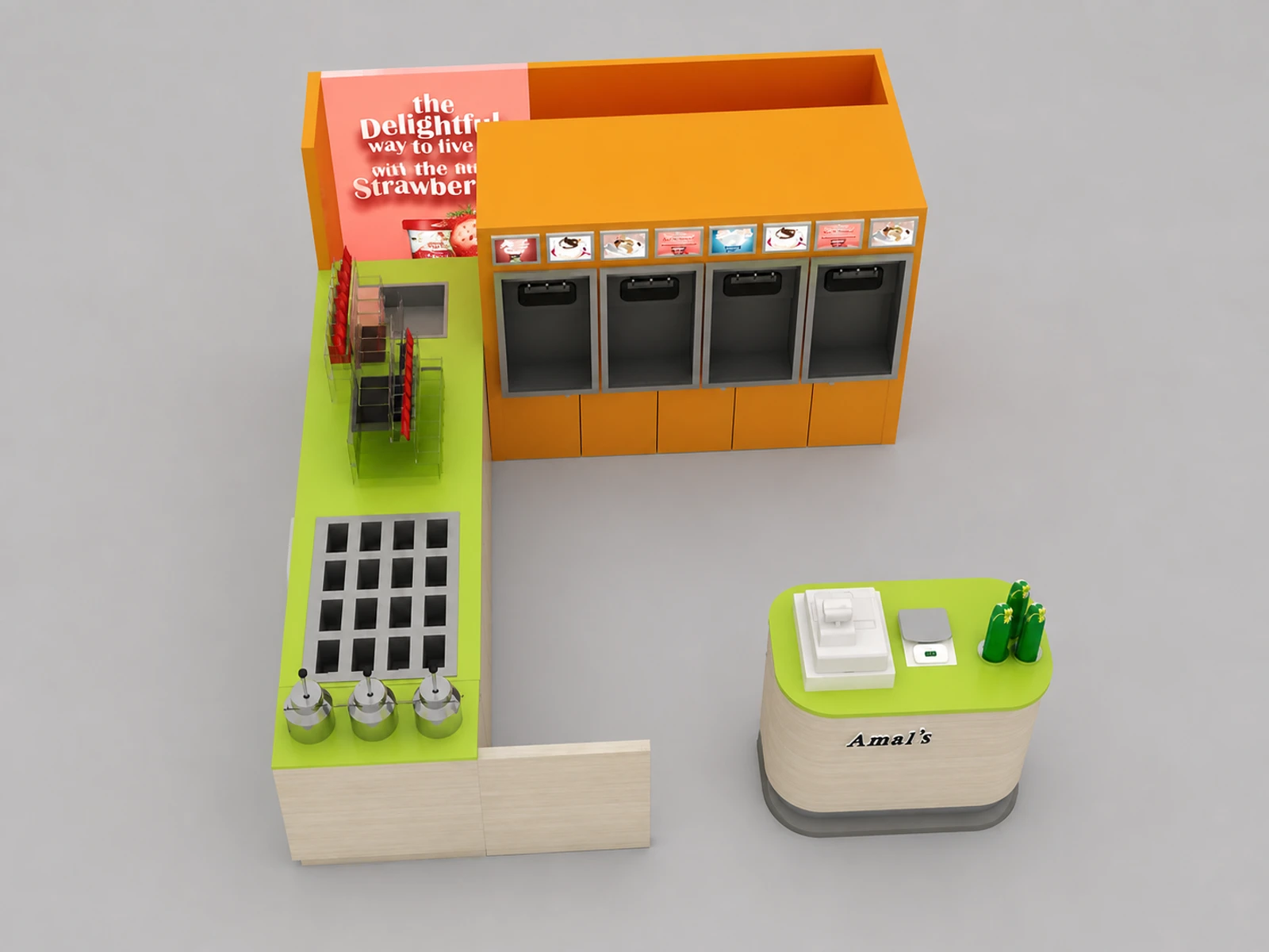 Frozen yogurt booth design customize ice cream bar counter fresh sweet kiosk — elevated layout view