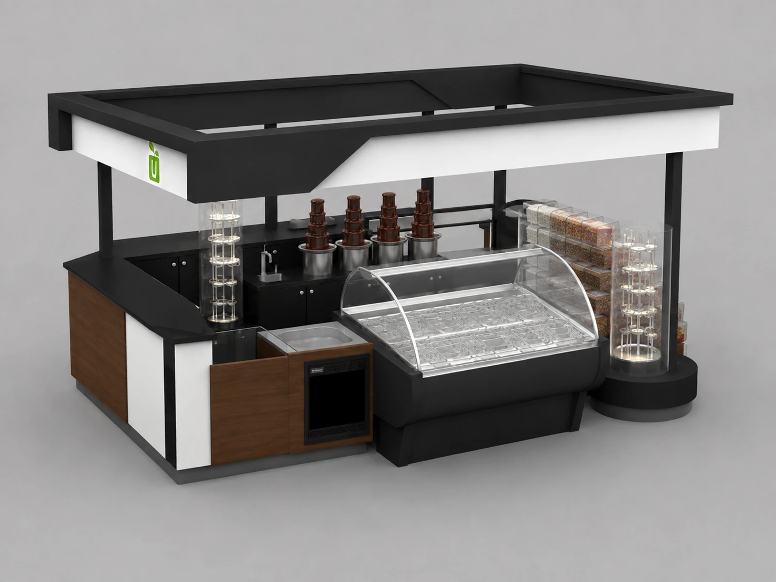 Fucntional candy and ice-cream kiosk with display shelf — alternate counter perspective